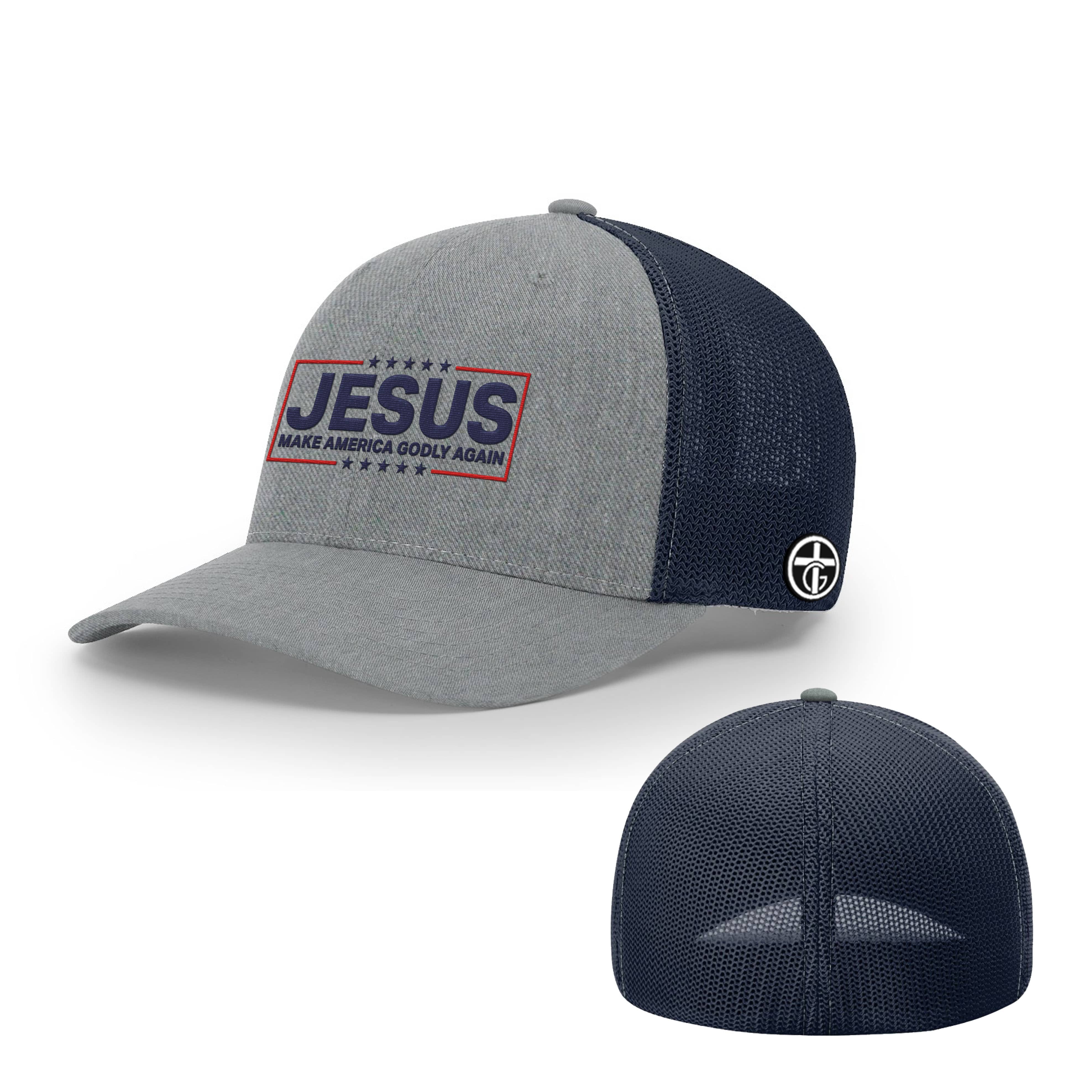 OurTrueGod Customs Hat Flexfit / Heather and Navy / S/M Jesus Make America Godly Again Hats