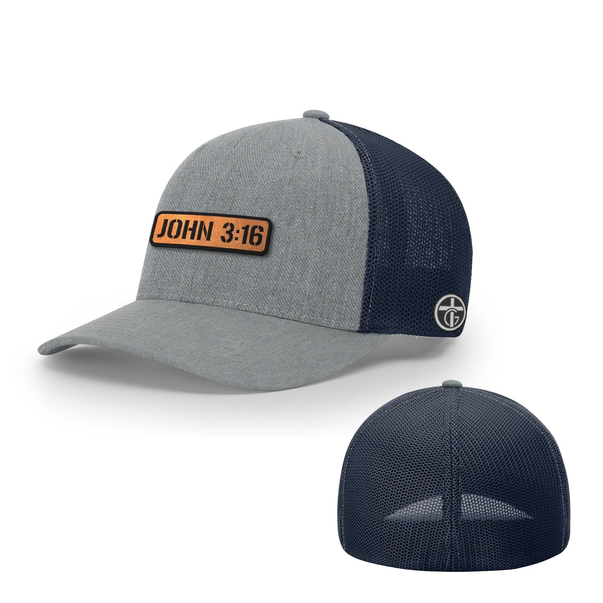 OurTrueGod Customs Hat Flexfit / Heather and Navy / S/M John 3:16 Leather Patch Hats
