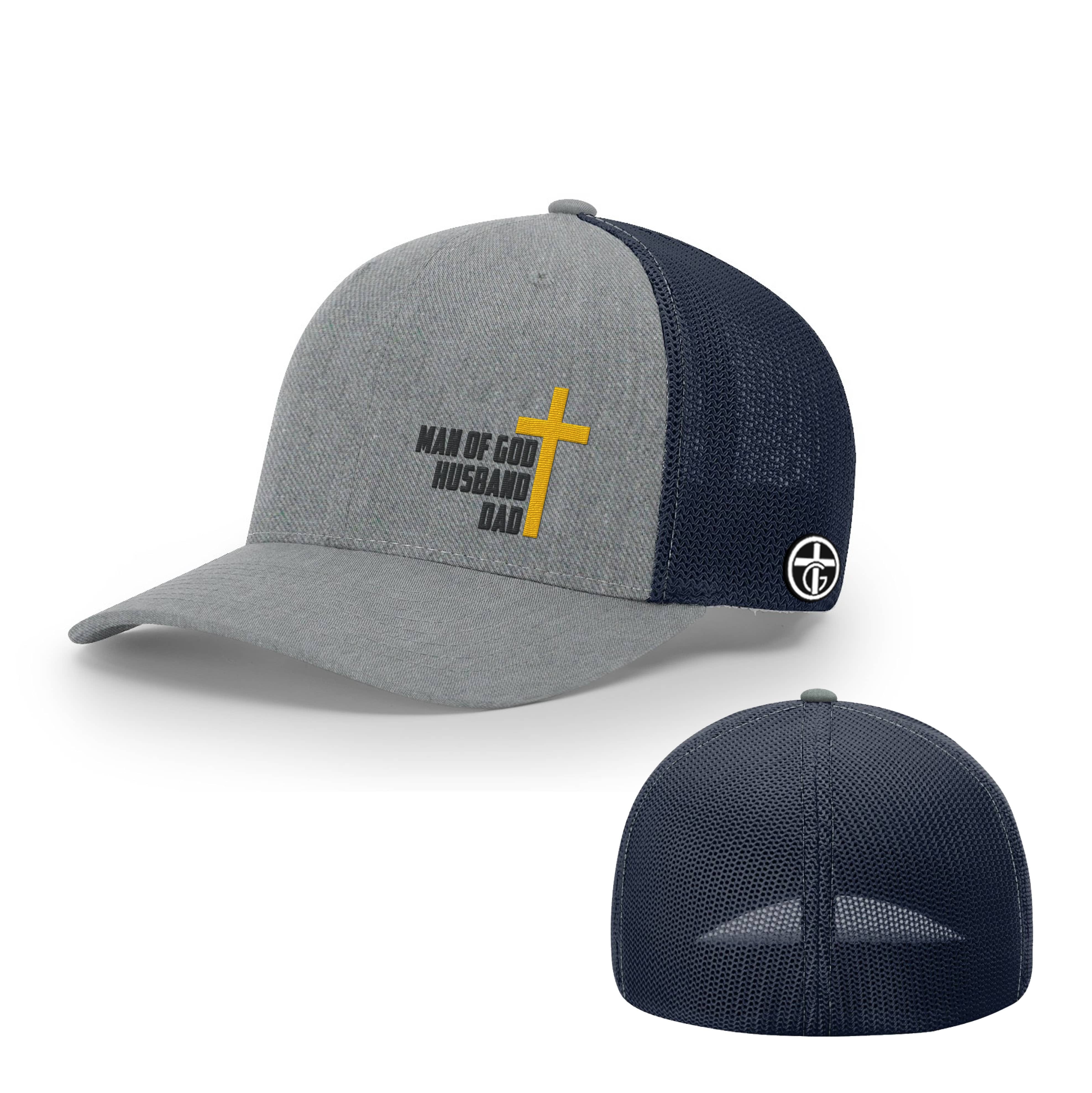 OurTrueGod Customs Hat Flexfit / Heather and Navy / S/M Man Of God, Husband, Dad Hats