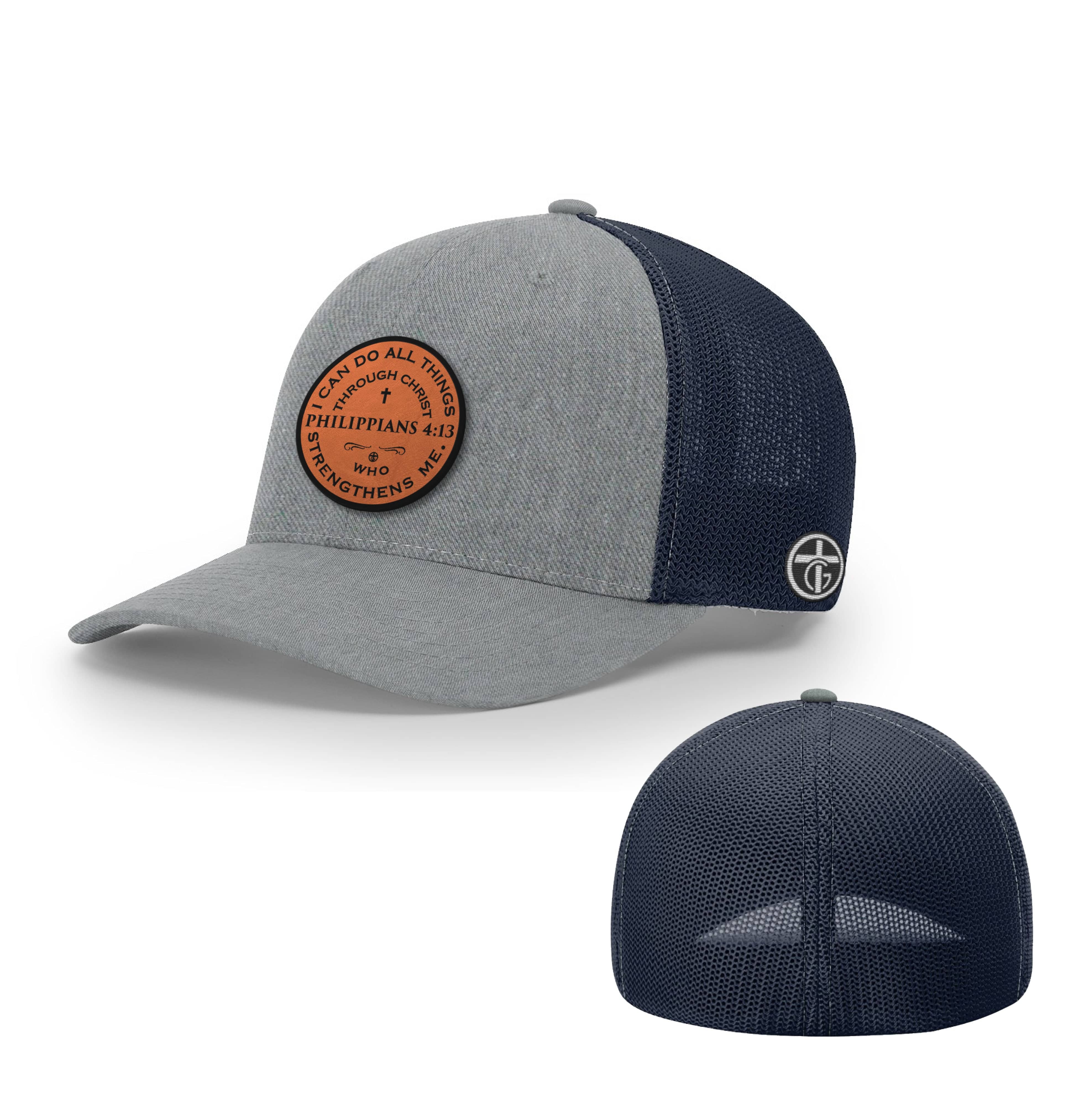 OurTrueGod Customs Hat Flexfit / Heather and Navy / S/M Philippians 4:13 Leather Patch Hats