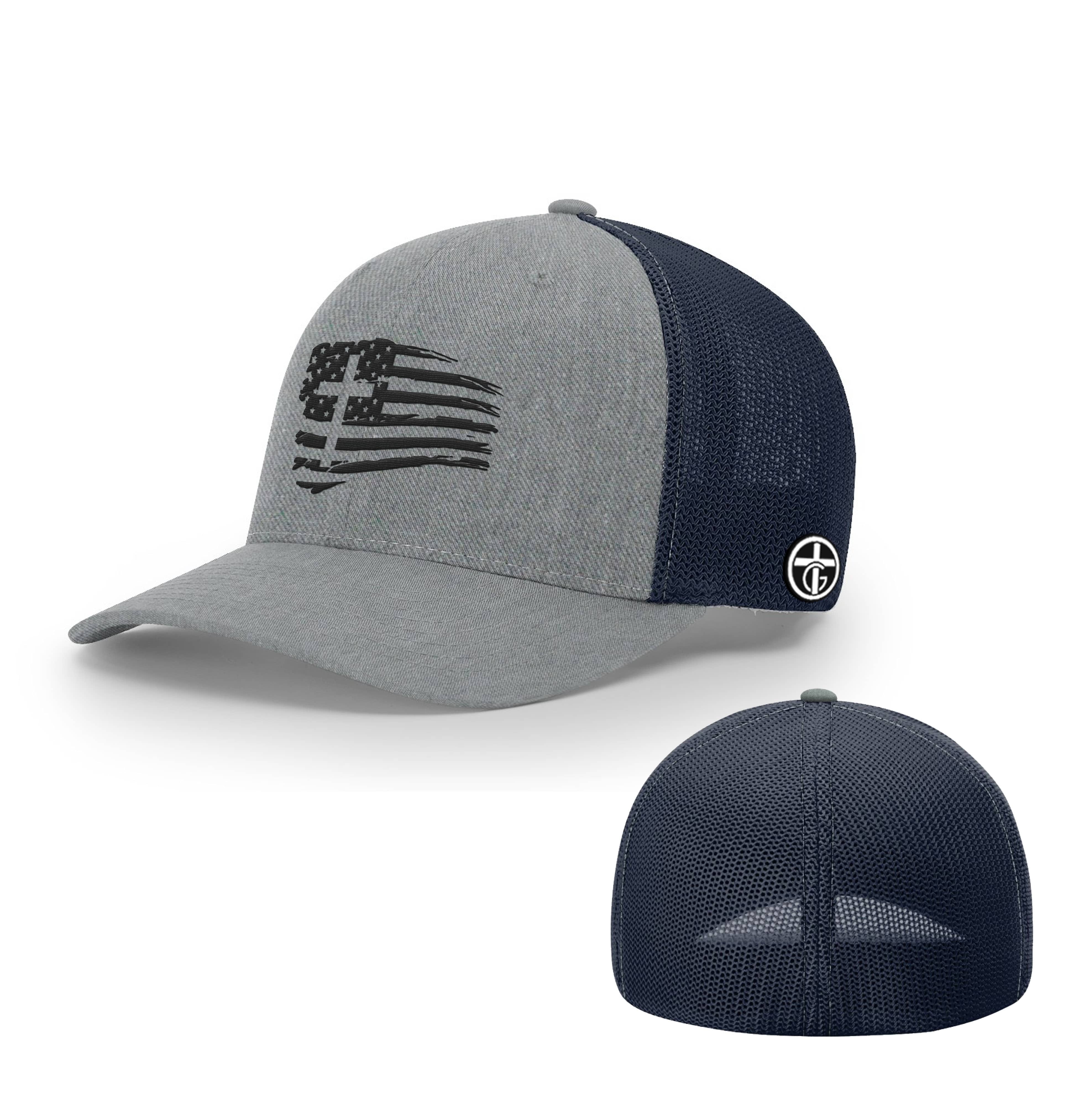 OurTrueGod Customs Hat Flexfit / Heather and Navy / S/M Tattered Flag Cross Hats