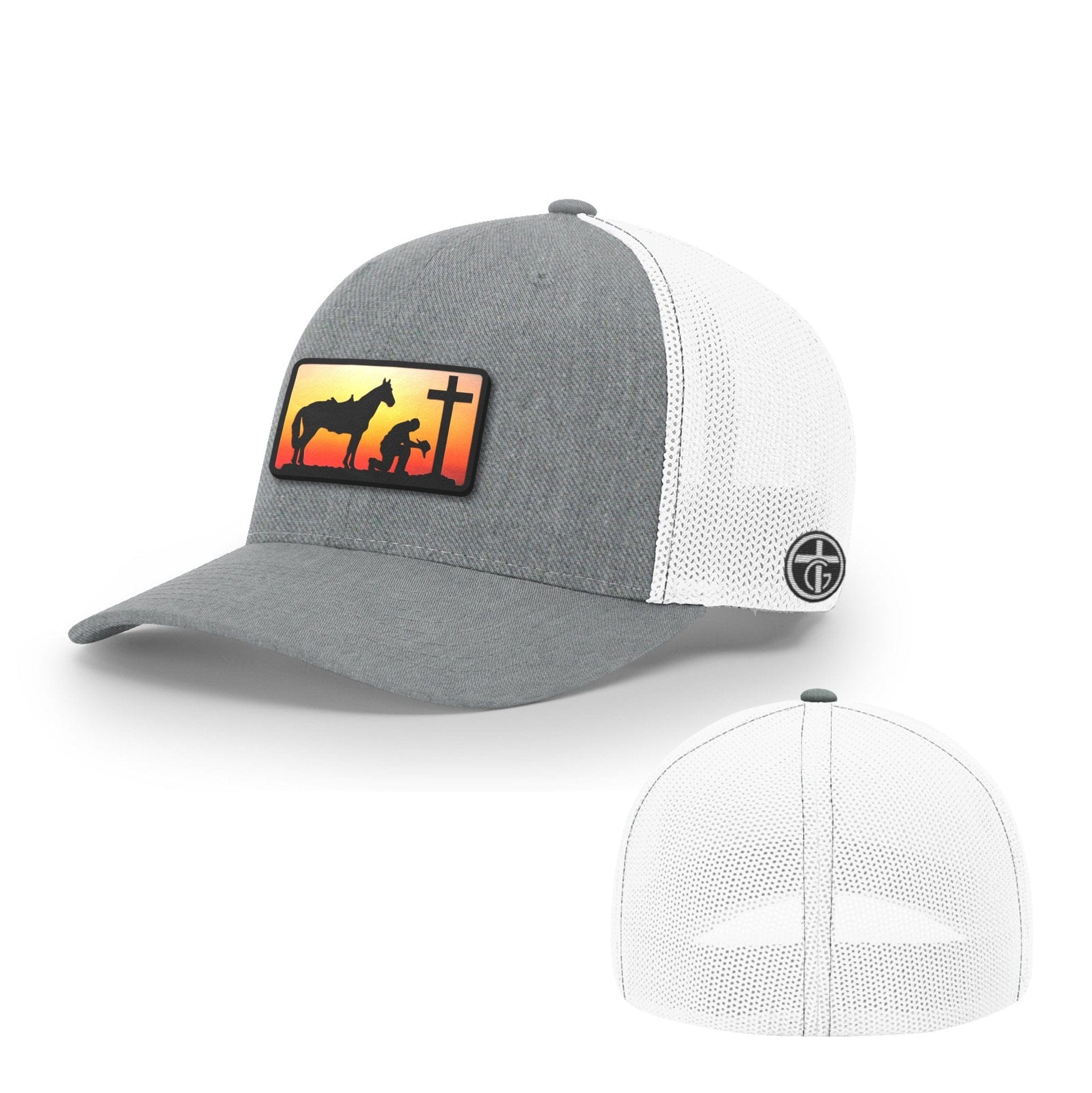 OurTrueGod Customs Hat Flexfit / Heather and White / S/M Kneeling Cowboy Patch Hats