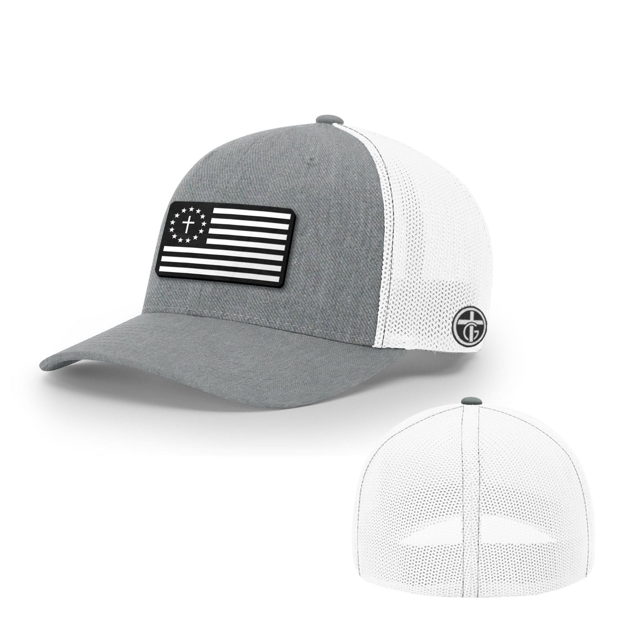 OurTrueGod Customs Hat Flexfit / Heather and White / S/M One Nation Under God White Leather Patch Hat - Snapback & Flexfit