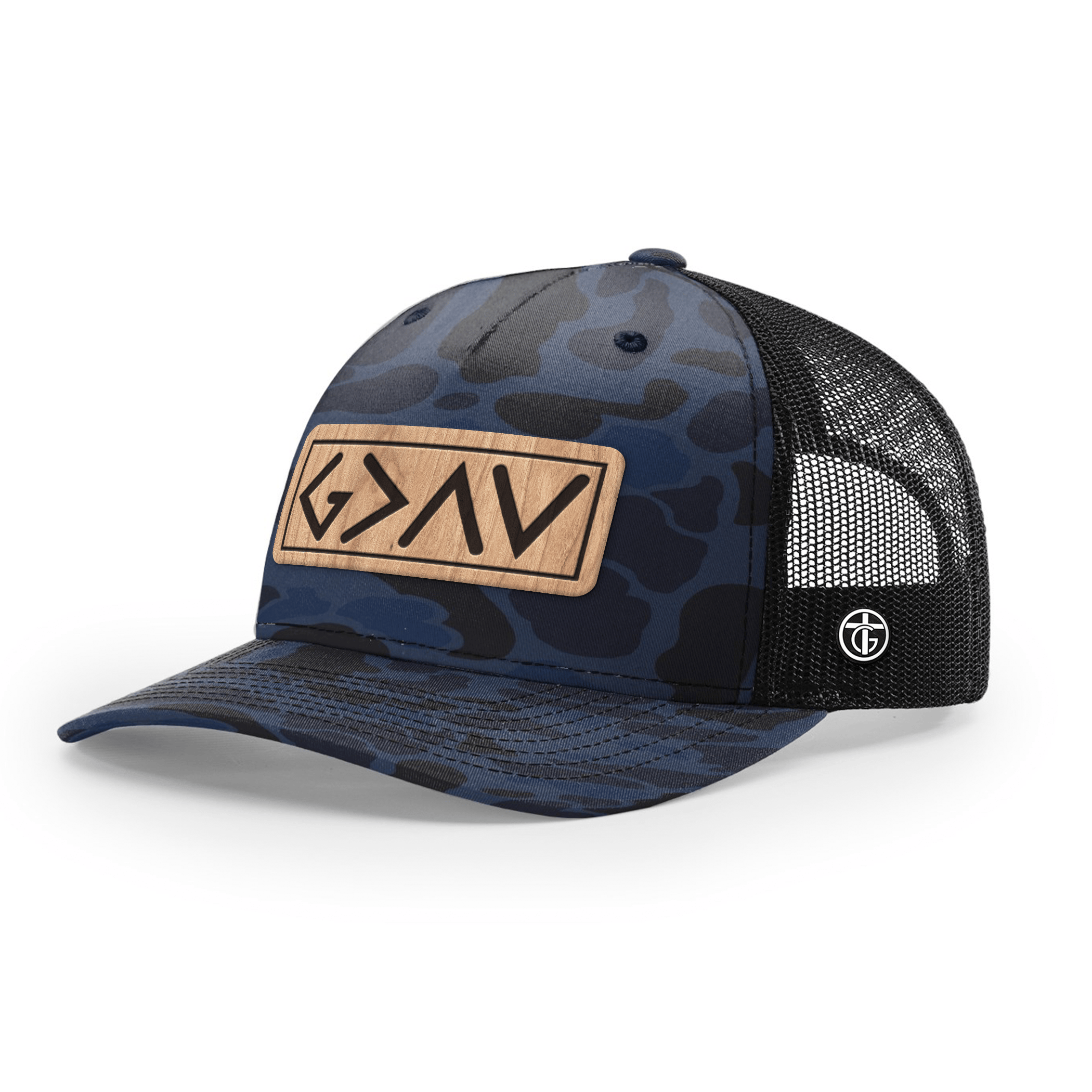 OurTrueGod Customs Hat God Is Greater Than The Highs And Lows Wood Patch Camo Hats