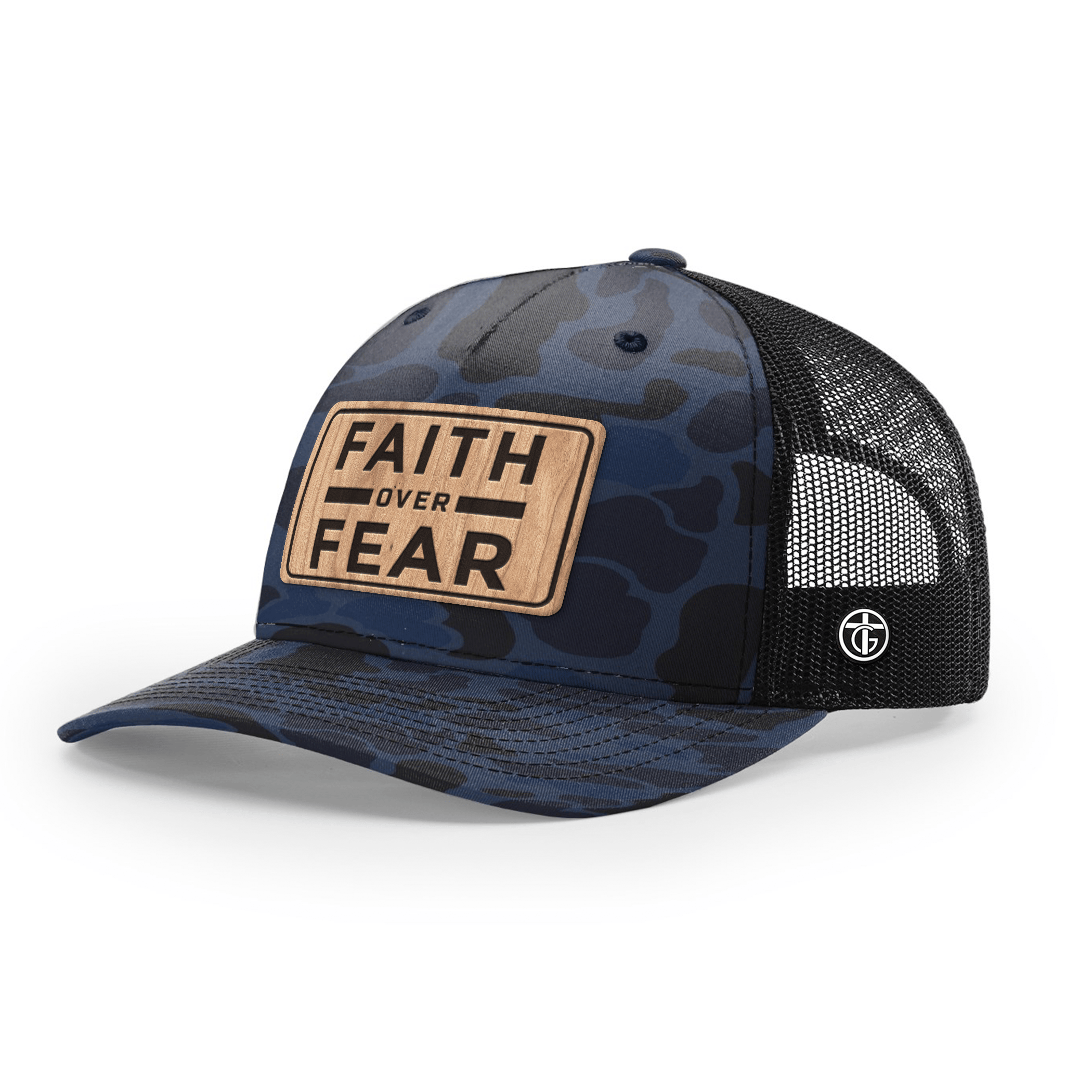 OurTrueGod Customs Hat Snapback / Admiral Duck Camo and Black / One Size Faith Over Fear Camo Wood Patch Camo Hats