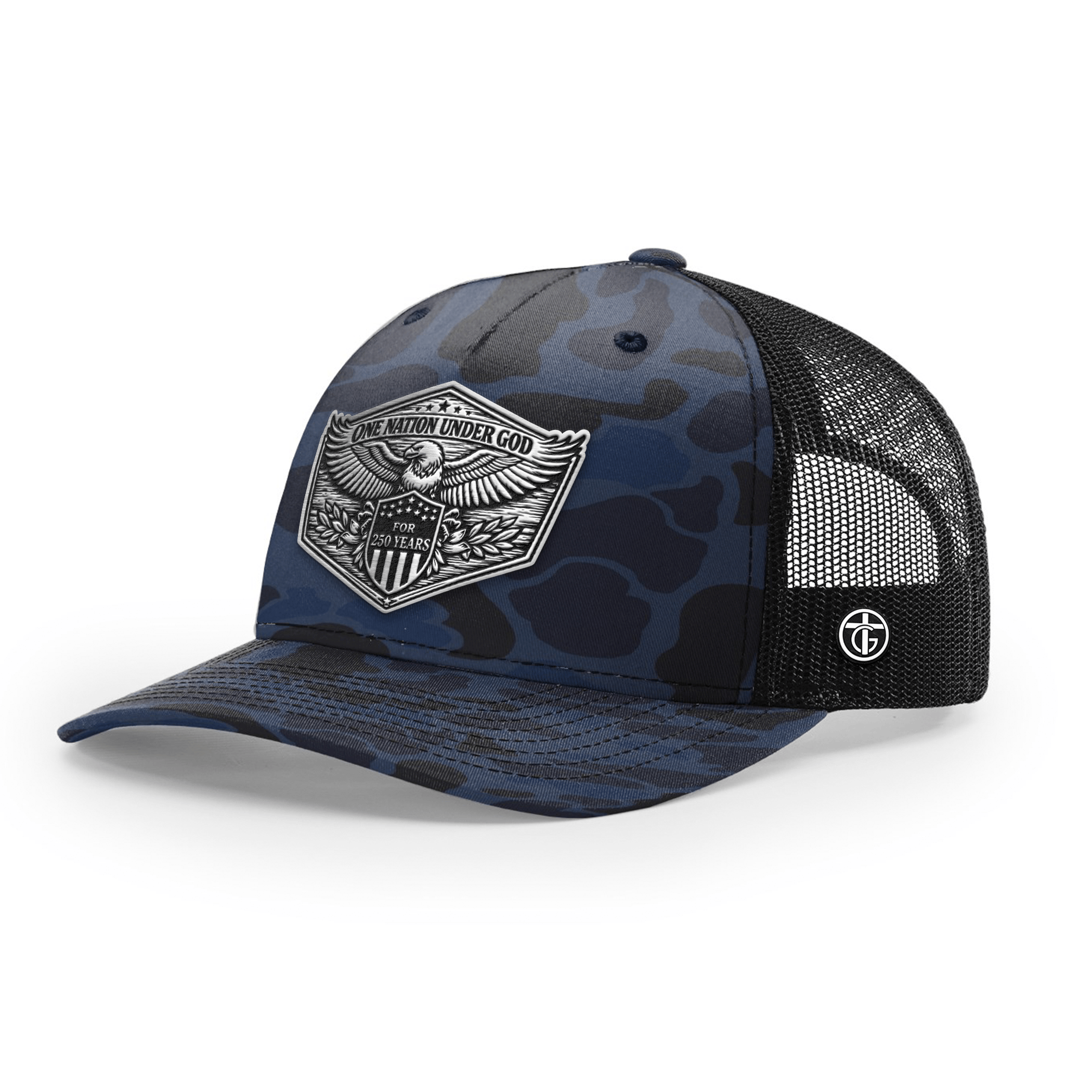 OurTrueGod Customs Hat Snapback / Admiral Duck Camo and Black / One Size One Nation Under God 250th Year Hat