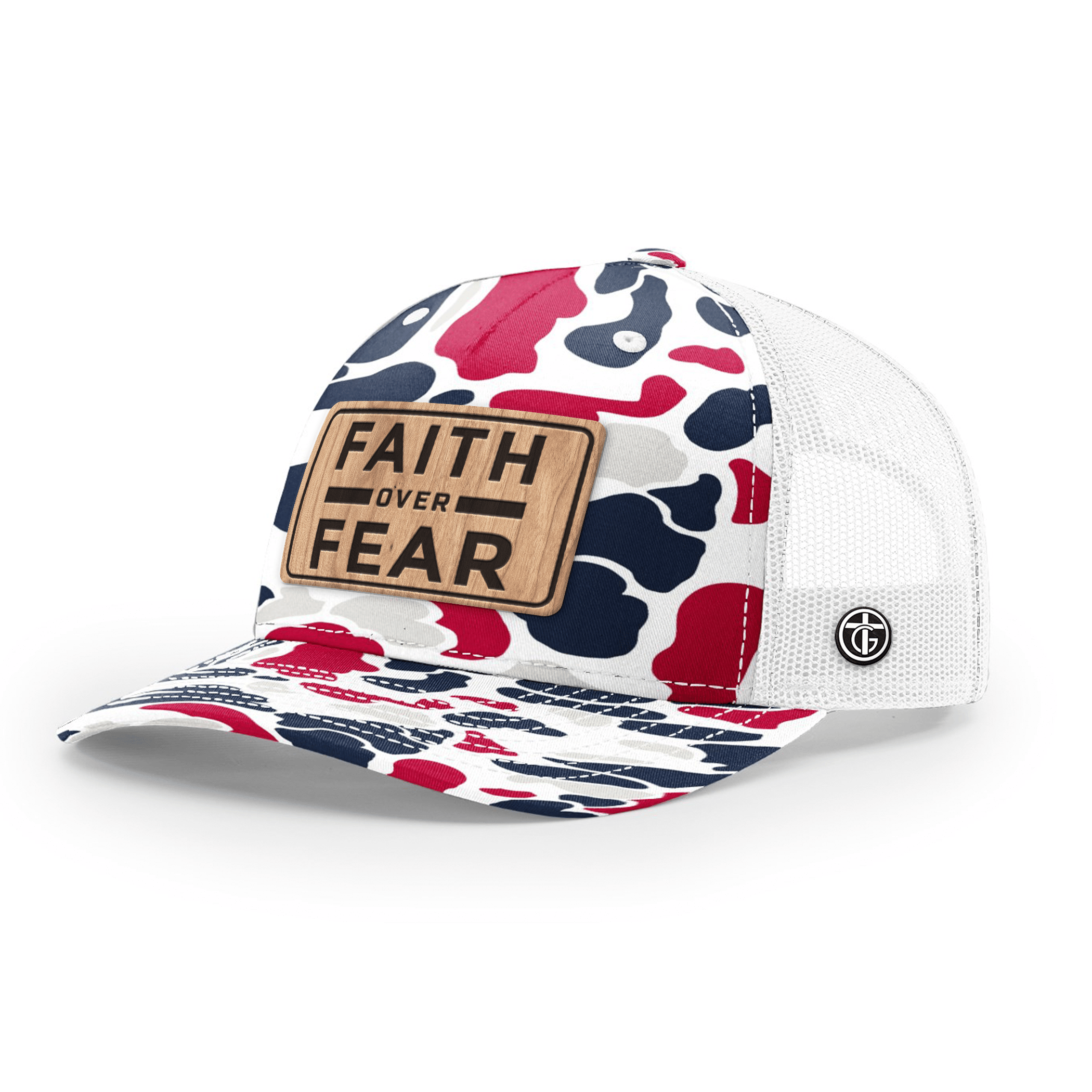 OurTrueGod Customs Hat Snapback / Americana Duck Camo and White / One Size Faith Over Fear Camo Wood Patch Camo Hats