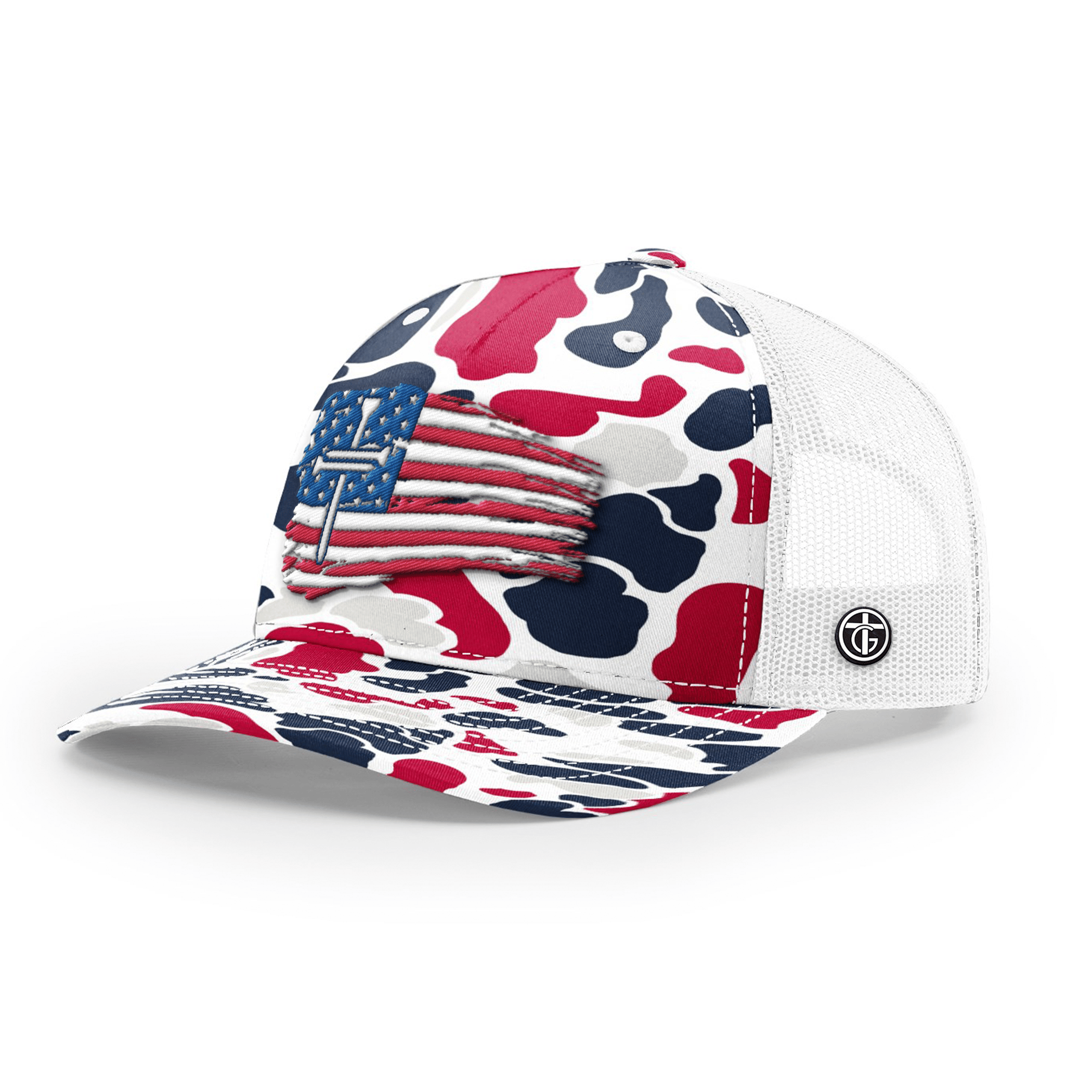 OurTrueGod Customs Hat Snapback / Americana Duck Camo and White / One Size Tattered Flag Cross Camo Hats