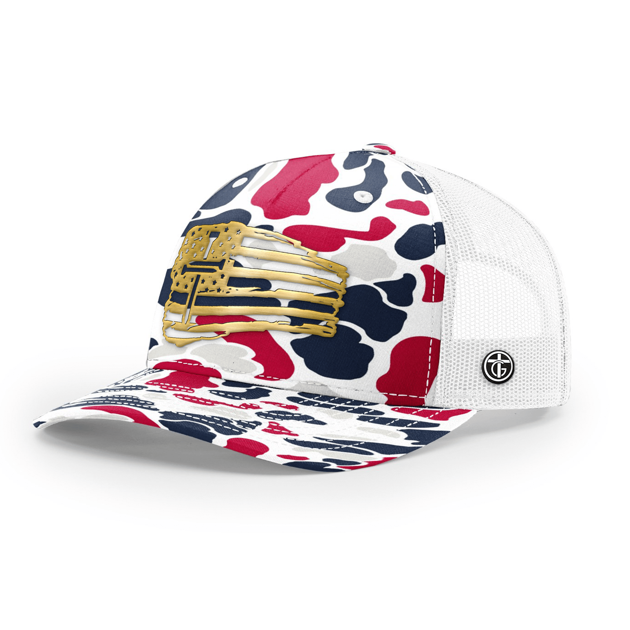 OurTrueGod Customs Hat Snapback / Americana Duck Camo and White / One Size Tattered Flag Cross Gold Metal Patch Camo Hats
