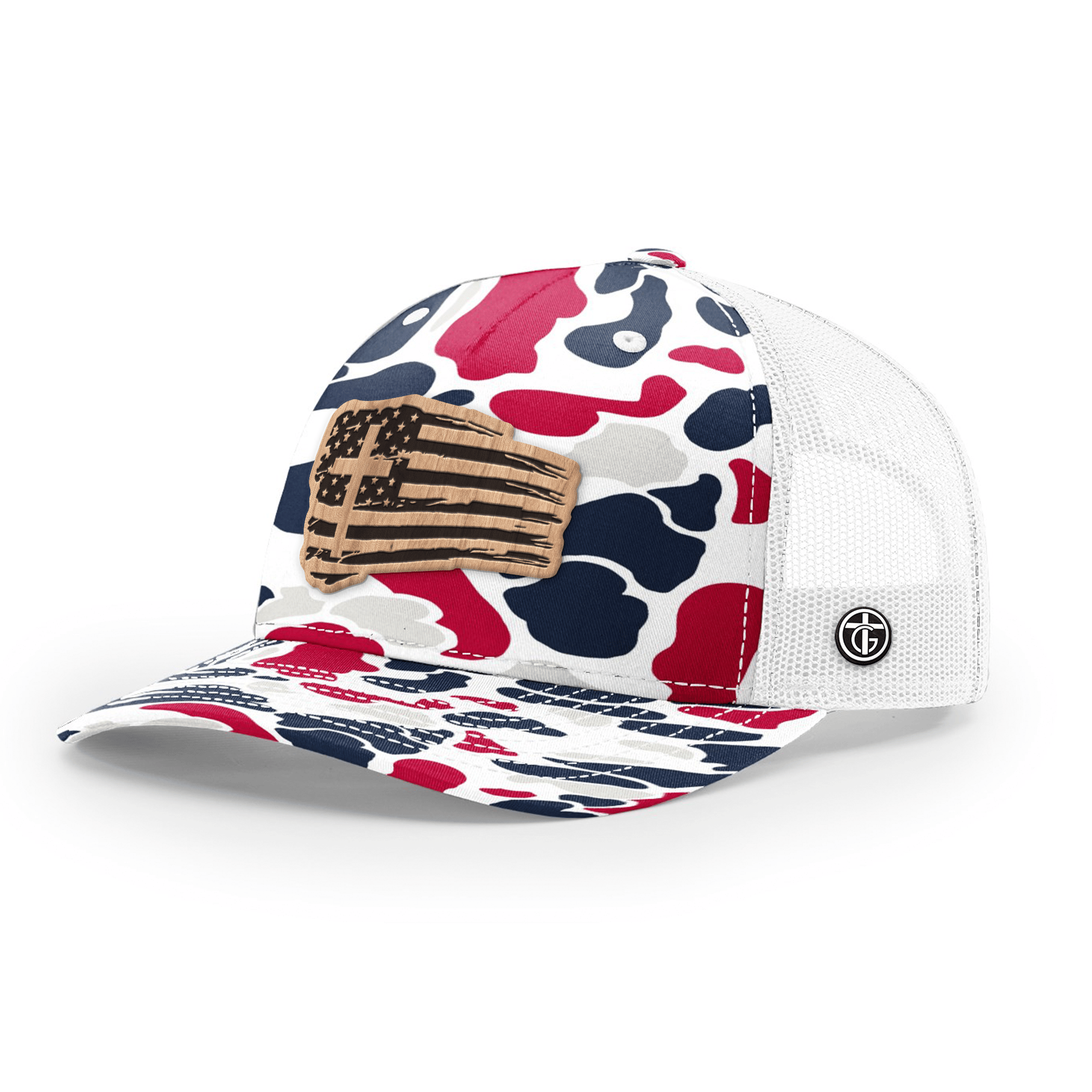 OurTrueGod Customs Hat Snapback / Americana Duck Camo and White / One Size Tattered Flag Wood Patch Camo Hats