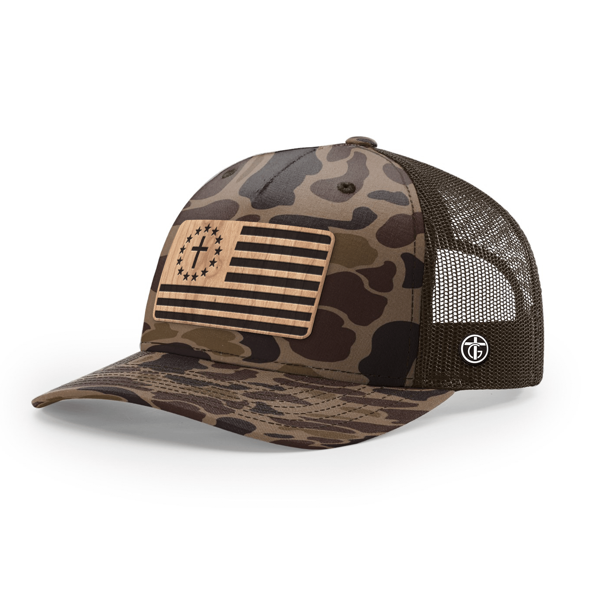 OurTrueGod Customs Hat Snapback / Bark Duck Camo and Brown / One Size Betsy Ross Flag Wood Patch Camo Hats