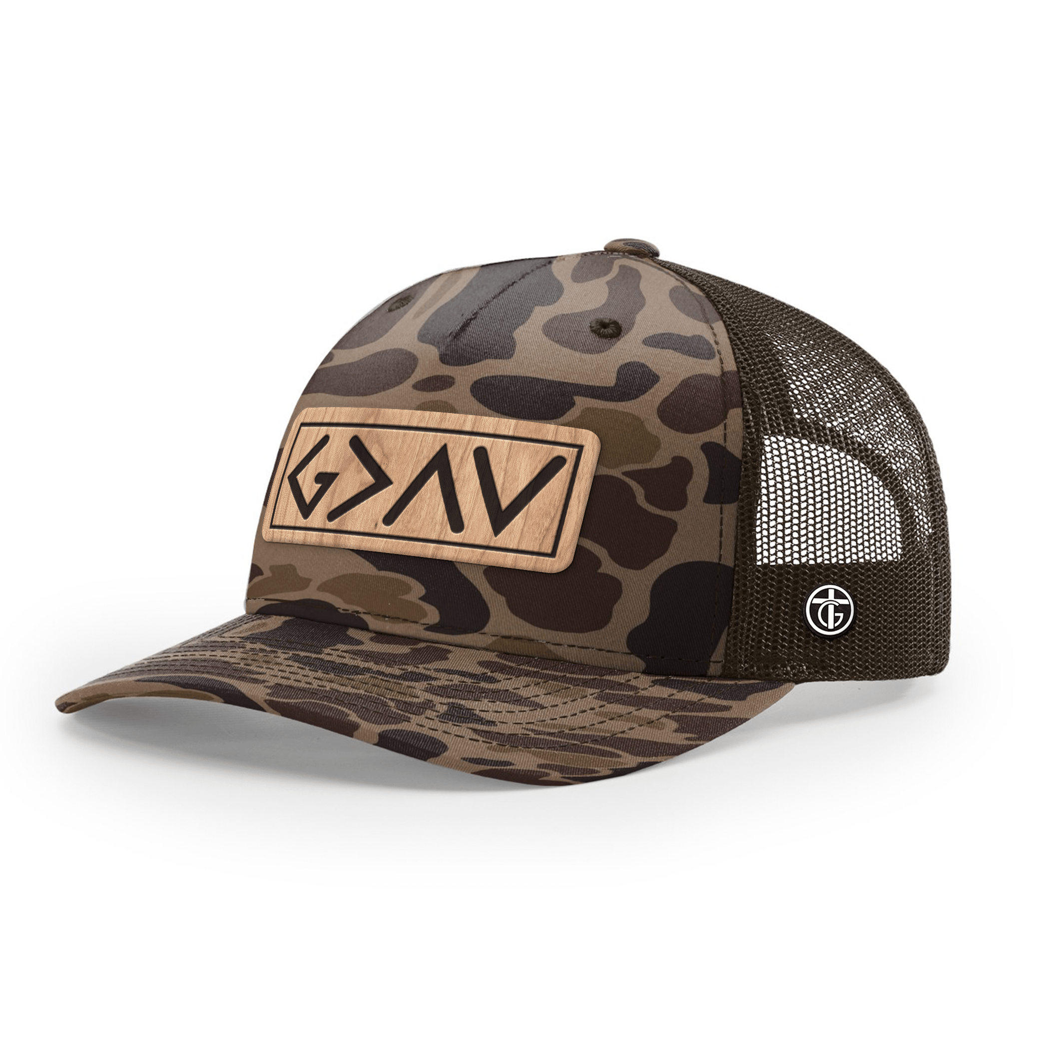 OurTrueGod Customs Hat Snapback / Bark Duck Camo and Brown / One Size God Is Greater Than The Highs And Lows Wood Patch Camo Hats