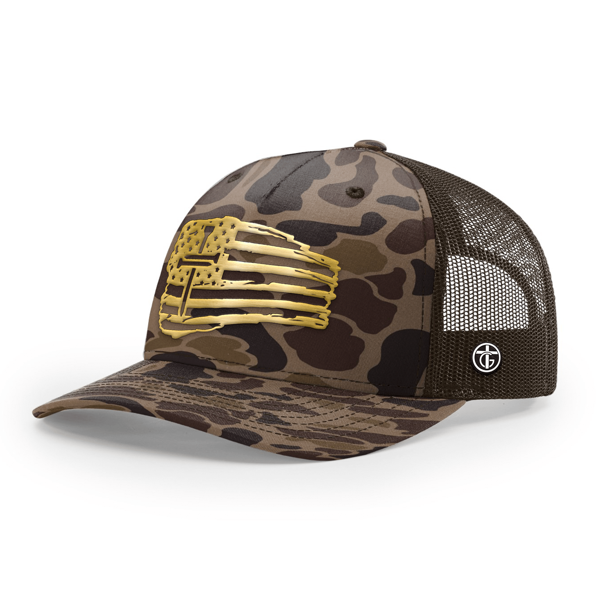 OurTrueGod Customs Hat Snapback / Bark Duck Camo and Brown / One Size Tattered Flag Cross Gold Metal Patch Camo Hats