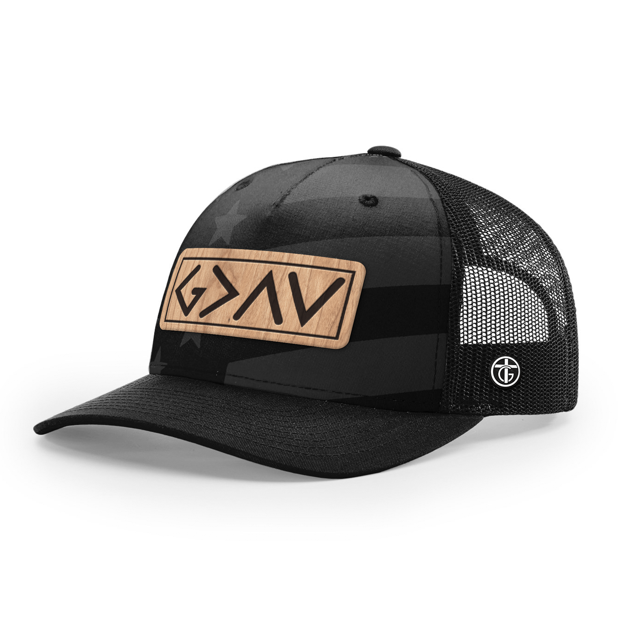 OurTrueGod Customs Hat Snapback / Black and Tonal Stars and Stripes / One Size God Is Greater Than The Highs And Lows Wood Patch Camo Hats