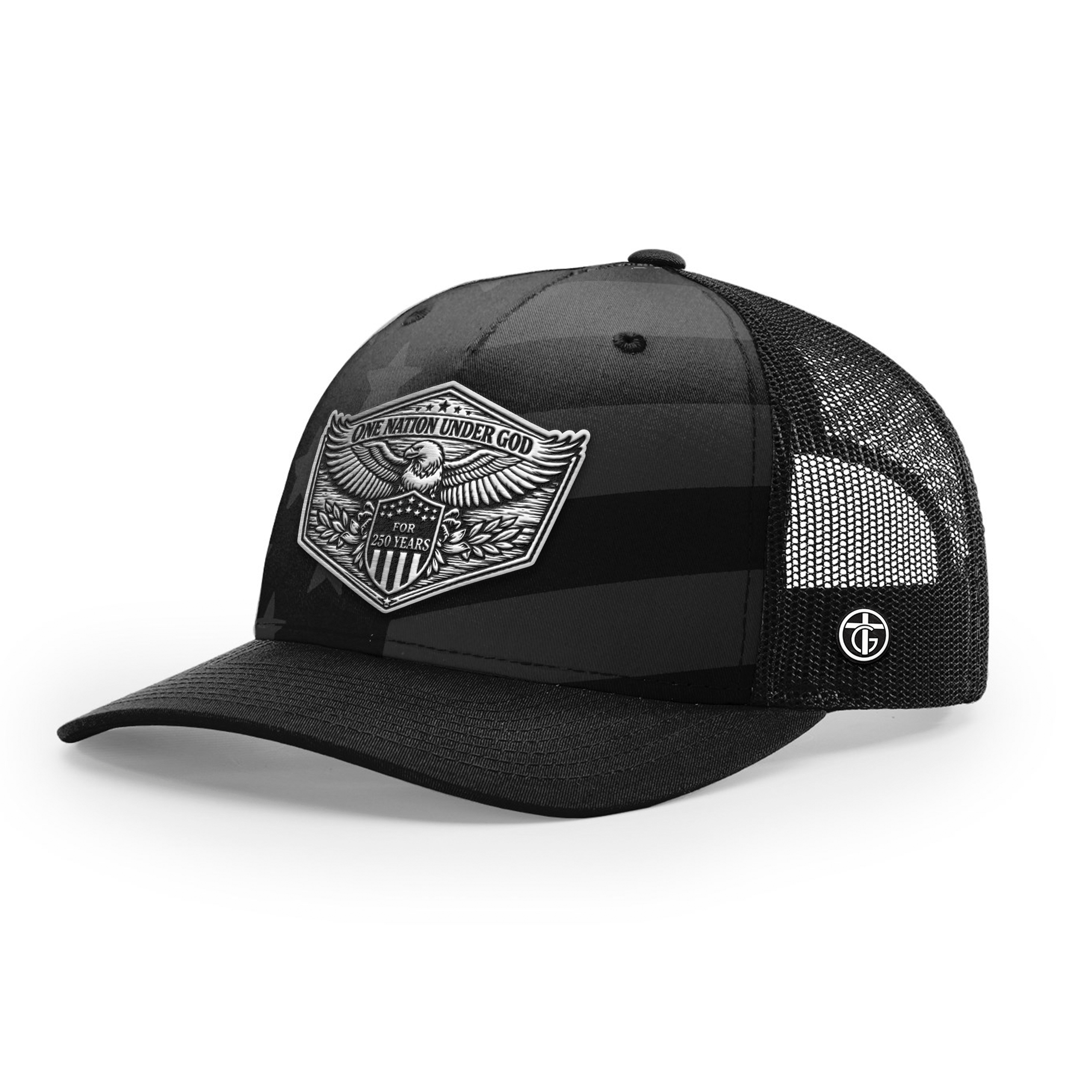 OurTrueGod Customs Hat Snapback / Black and Tonal Stars and Stripes / One Size One Nation Under God 250th Year Hat