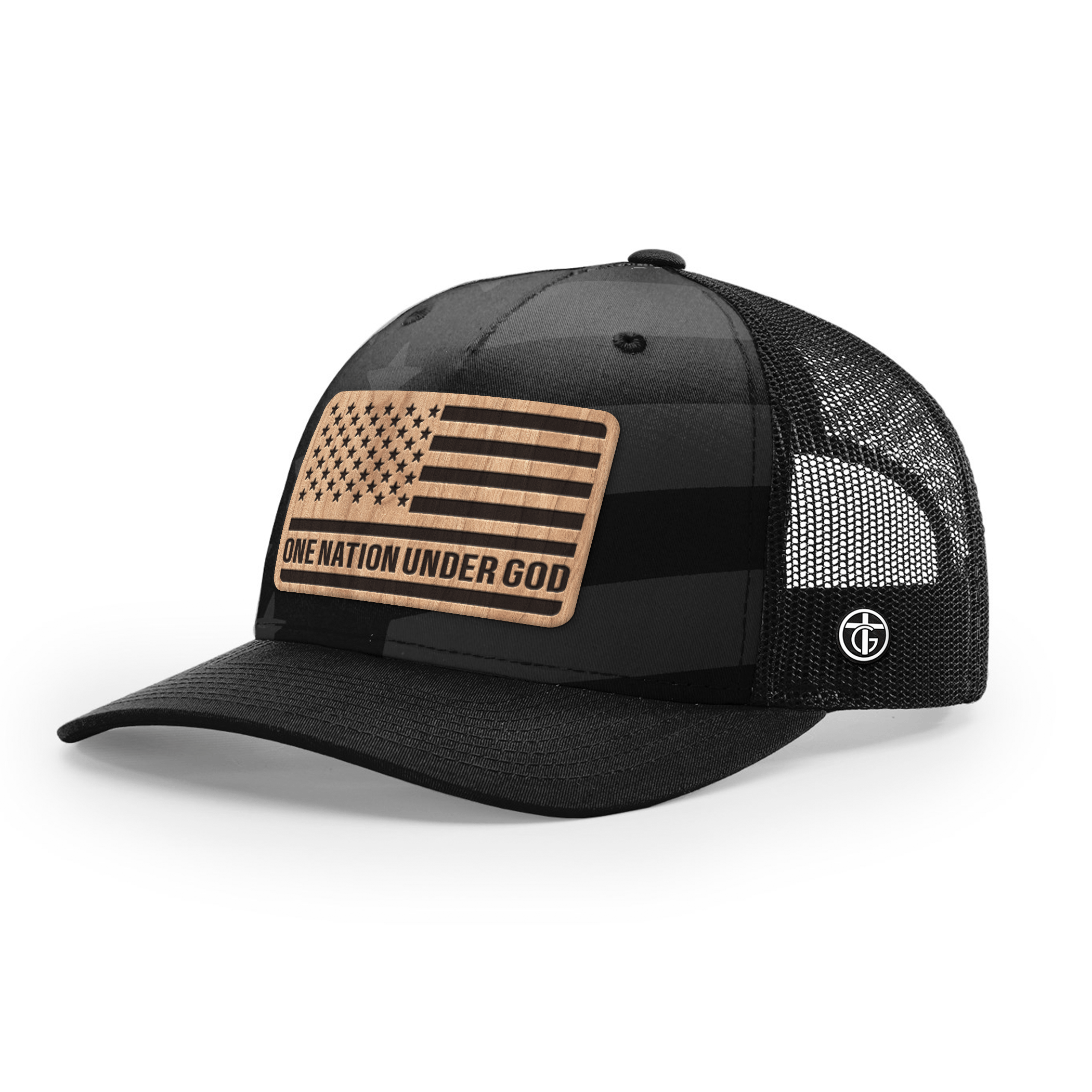 OurTrueGod Customs Hat Snapback / Black and Tonal Stars and Stripes / One Size One Nation Under God Wood Patch Camo Hats