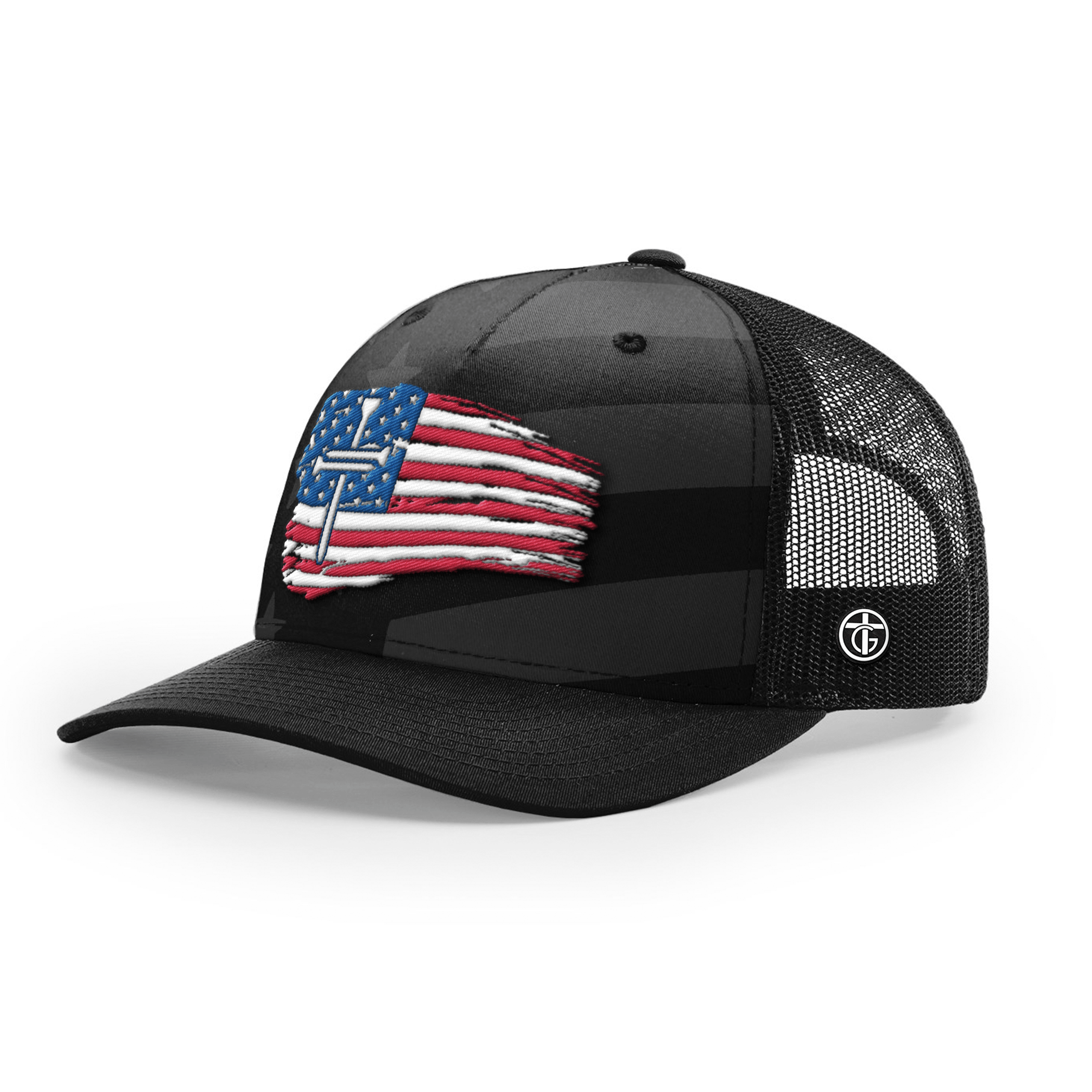 OurTrueGod Customs Hat Snapback / Black and Tonal Stars and Stripes / One Size Tattered Flag Cross Camo Hats