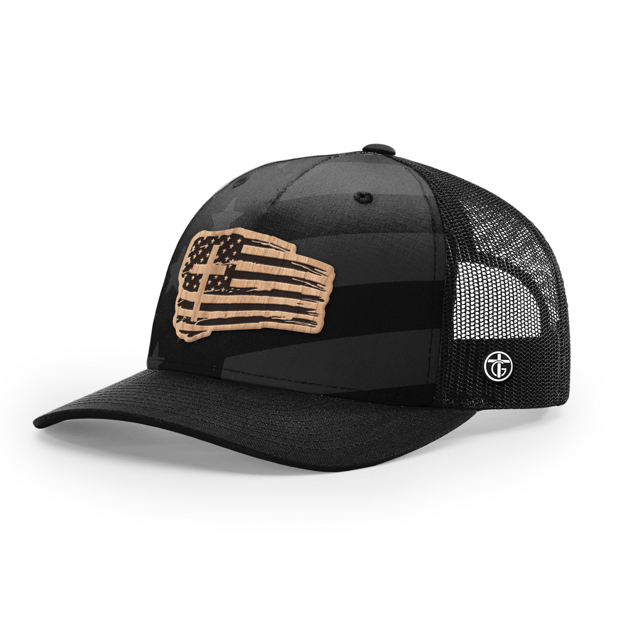 OurTrueGod Customs Hat Snapback / Black and Tonal Stars and Stripes / One Size Tattered Flag Wood Patch Camo Hats