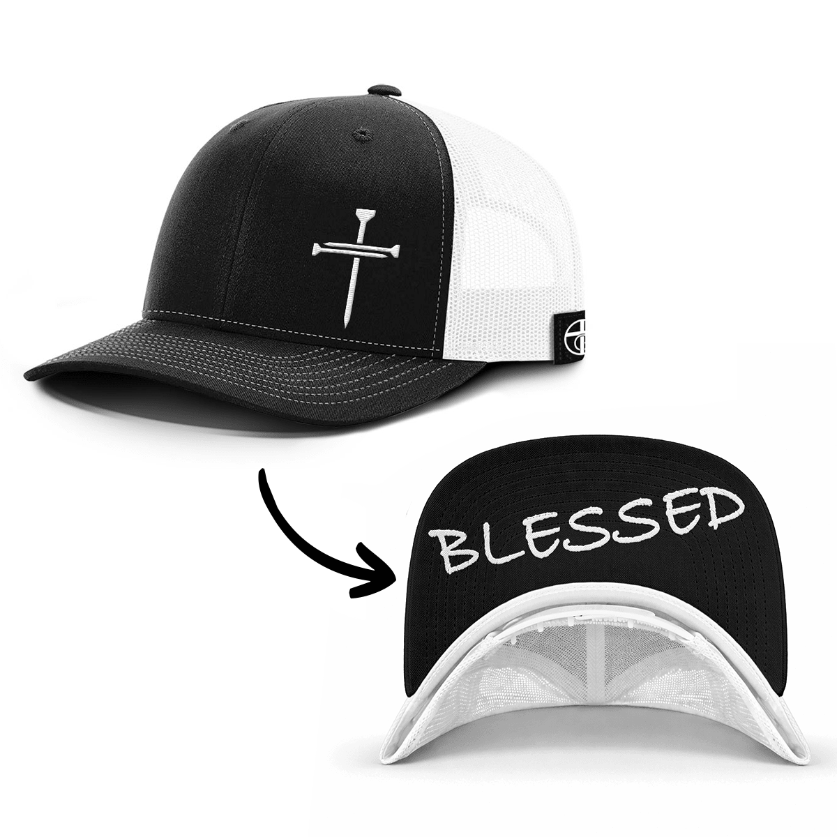 OurTrueGod Customs Hat Snapback / Black and White / One Size 3 Nail Cross - Blessed Prayer Print Hats