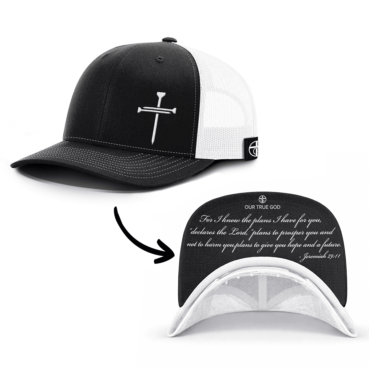OurTrueGod Customs Hat Snapback / Black and White / One Size 3 Nail Cross - Jeremiah 29:11 Prayer Print Hats