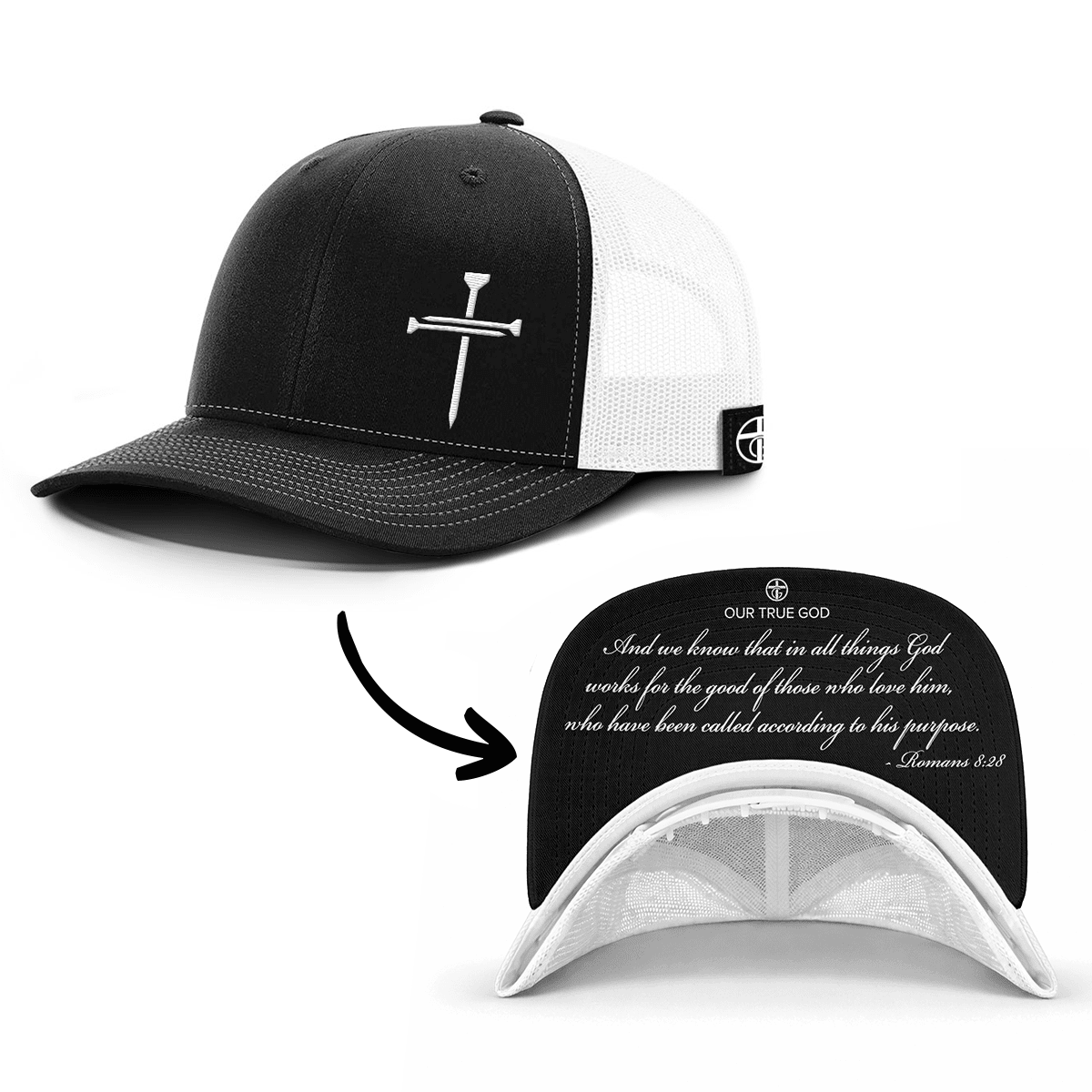 OurTrueGod Customs Hat Snapback / Black and White / One Size 3 Nail Cross - Romans 8:28 Prayer Print Hats