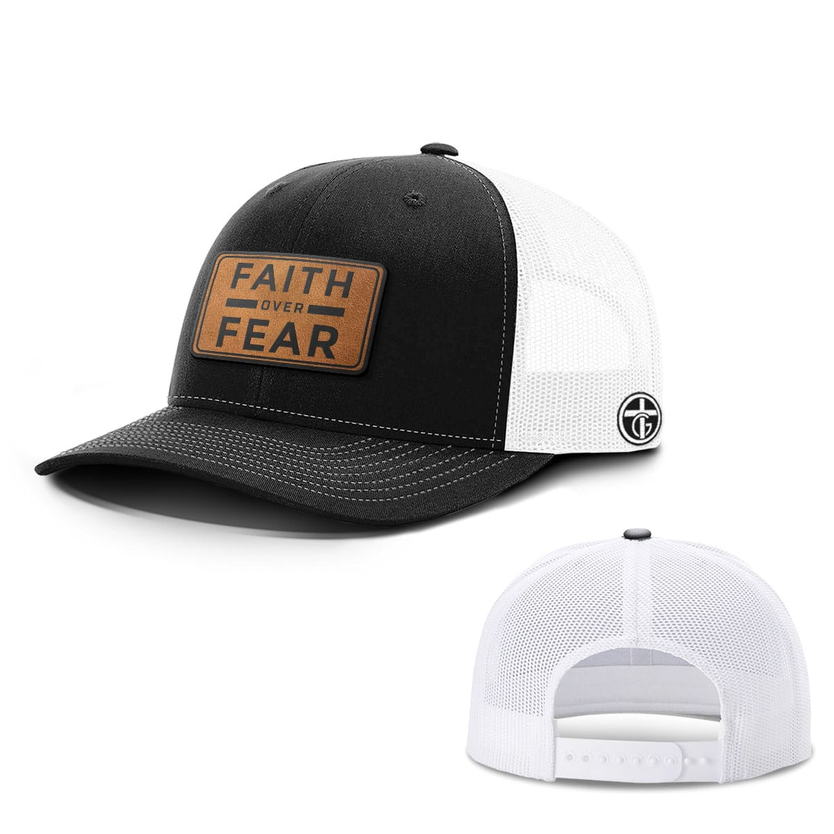 OurTrueGod Customs Hat Snapback / Black and White / One Size Faith Over Fear Leather Patch Hats