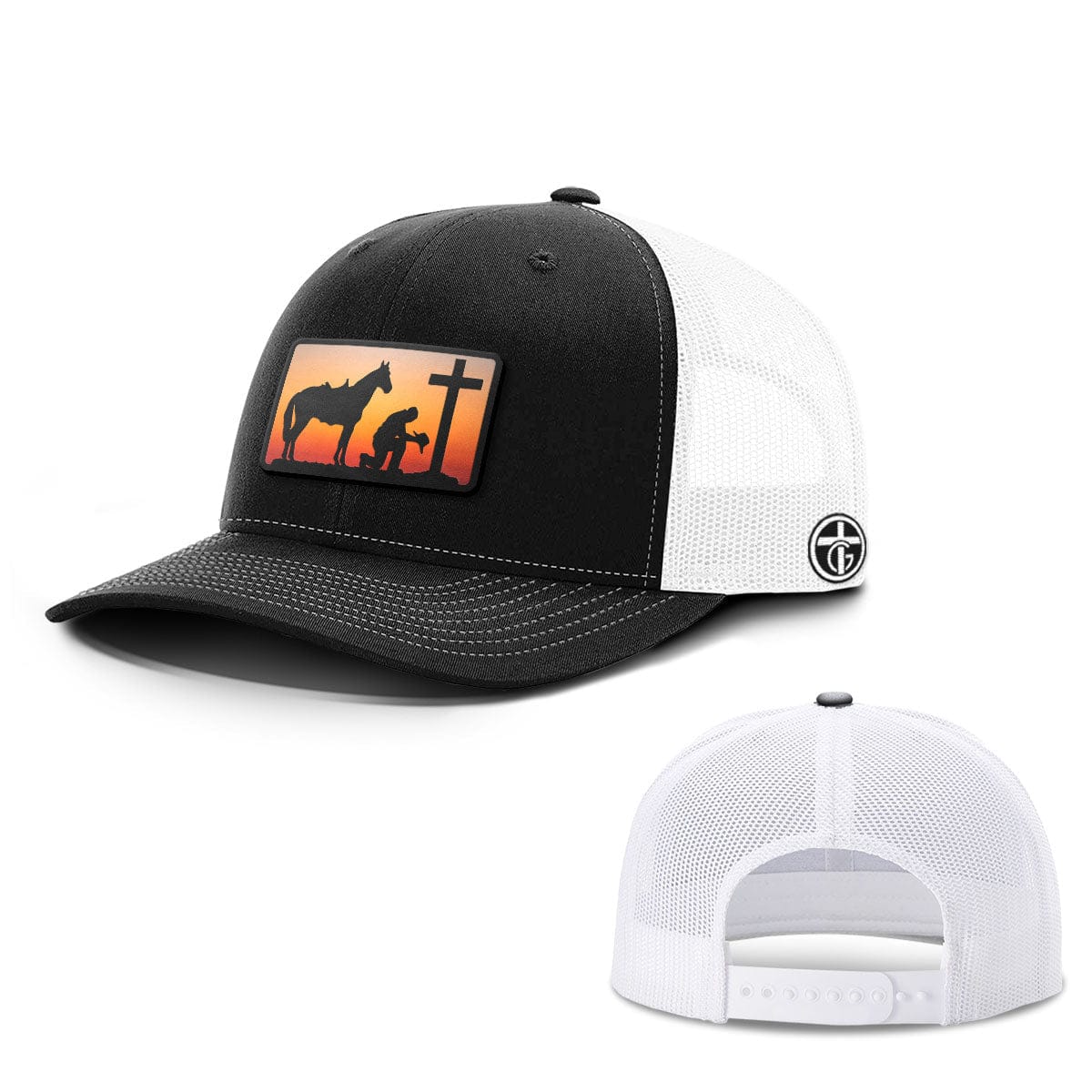 OurTrueGod Customs Hat Snapback / Black and White / One Size Kneeling Cowboy Patch Hats