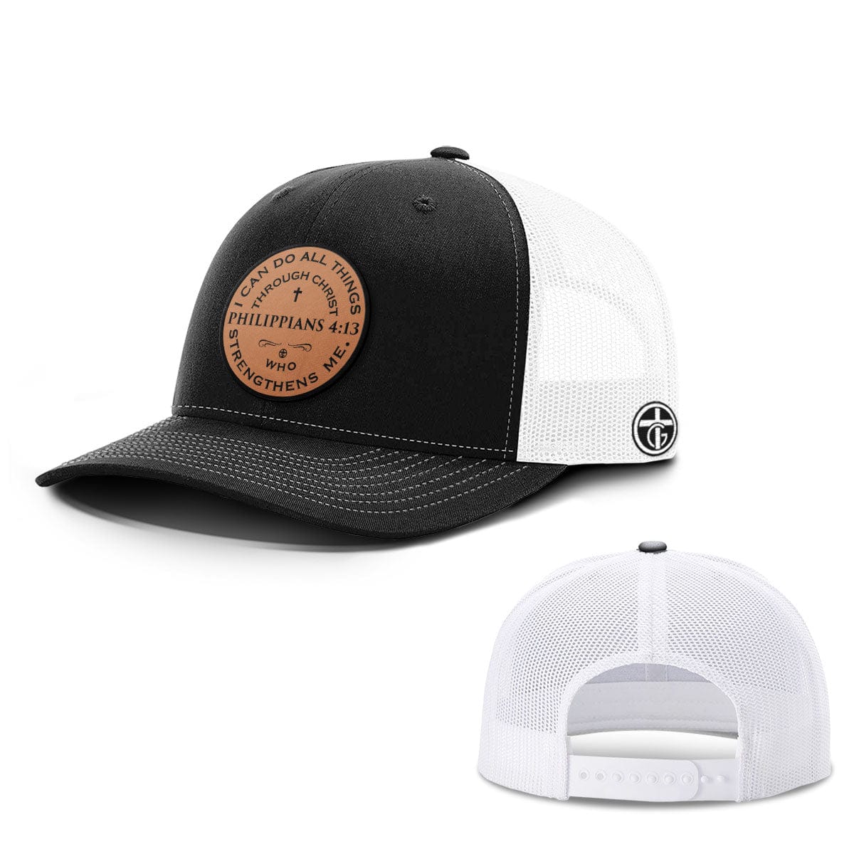 OurTrueGod Customs Hat Snapback / Black and White / One Size Philippians 4:13 Leather Patch Hats