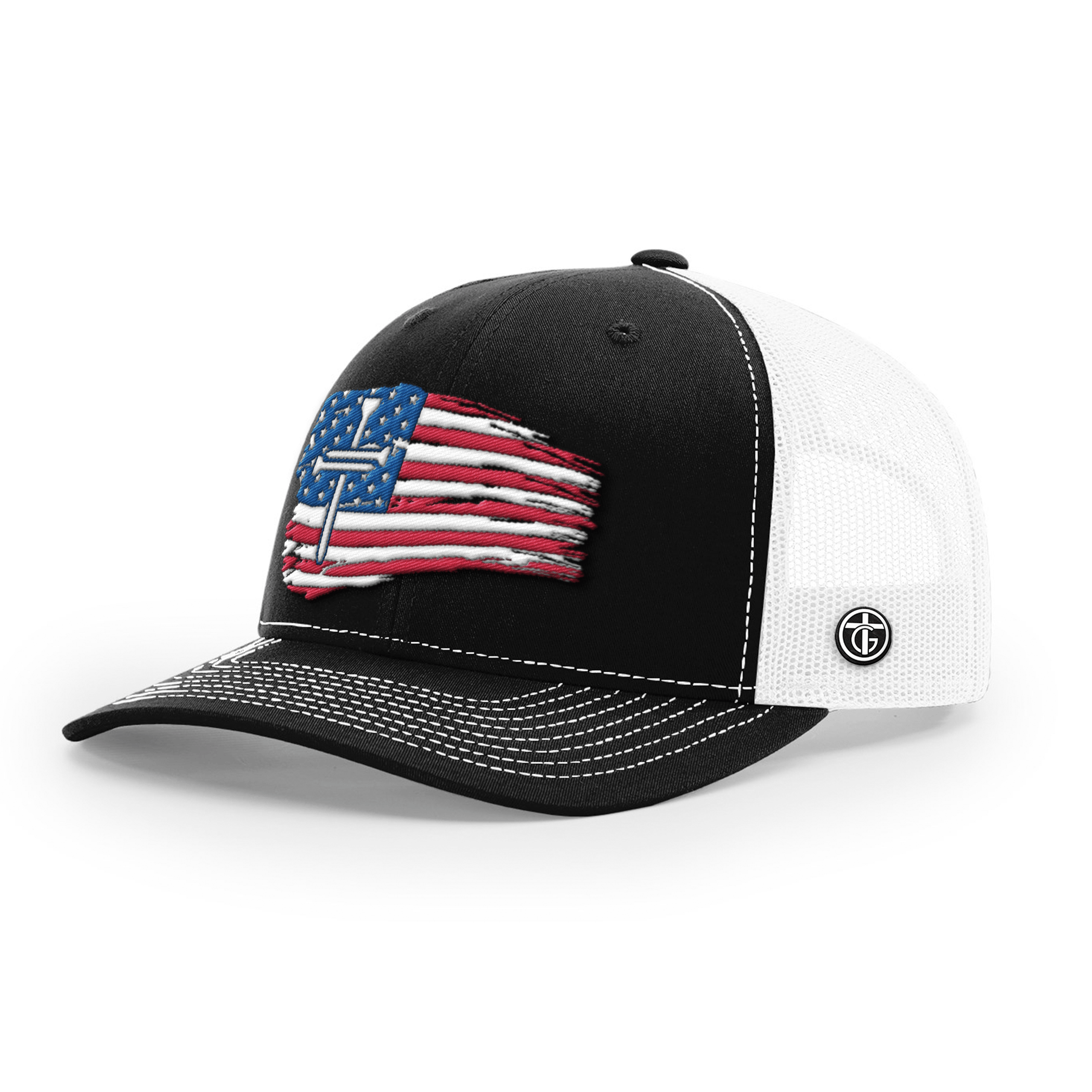OurTrueGod Customs Hat Snapback / Black and White / One Size Tattered Flag Cross Richardson Hats