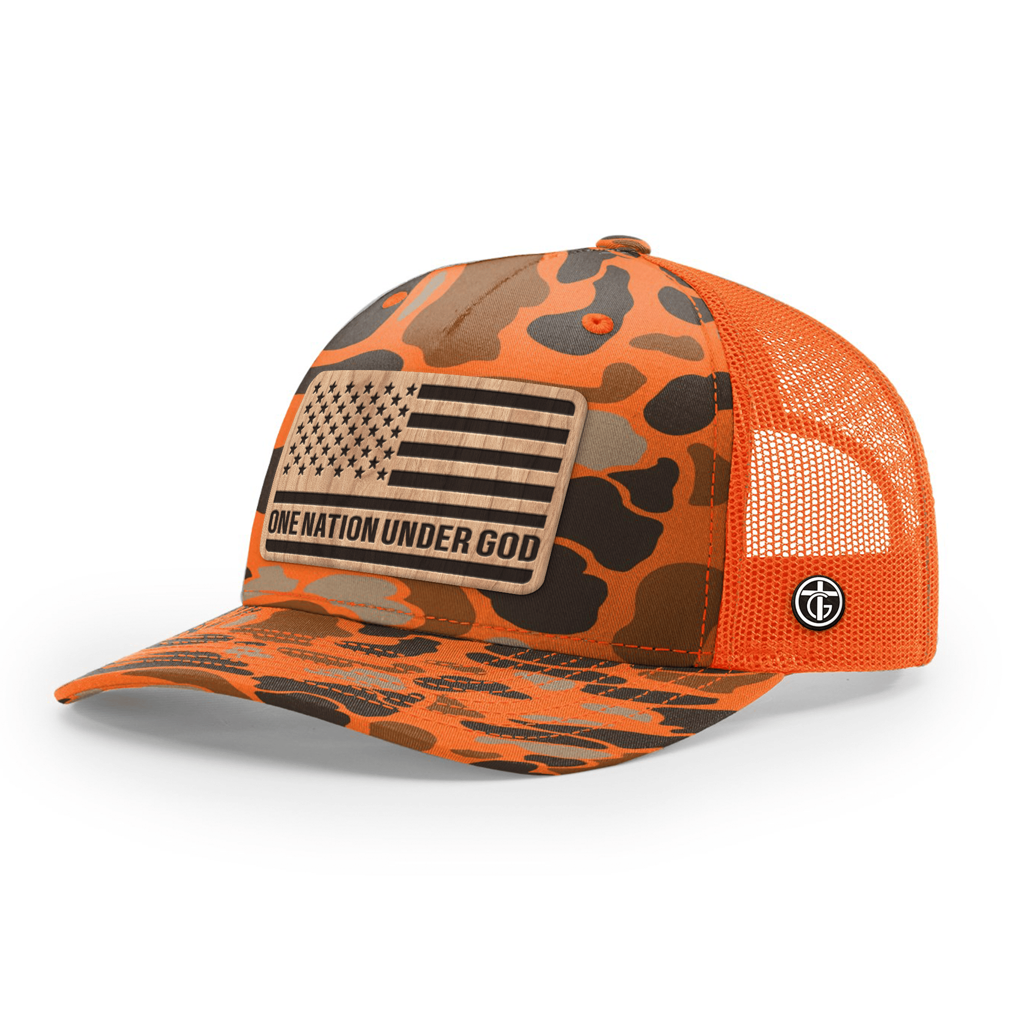 OurTrueGod Customs Hat Snapback / Blaze Duck Camo and Blaze / One Size One Nation Under God Wood Patch Camo Hats