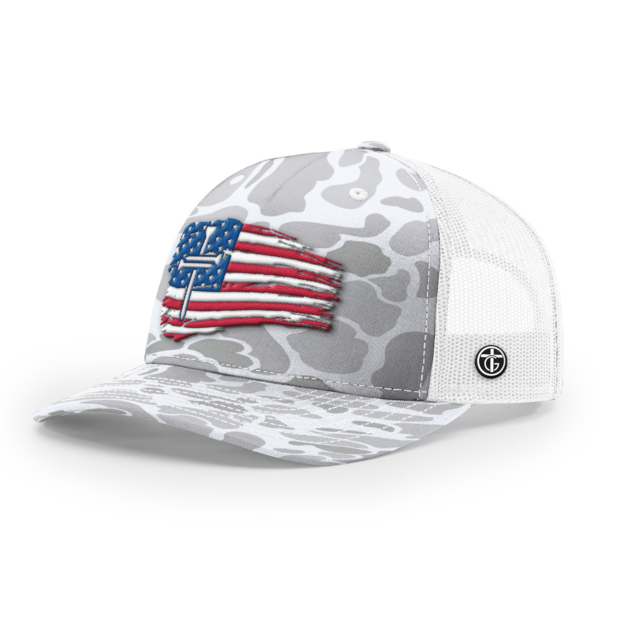 OurTrueGod Customs Hat Snapback / Blizzard Duck Camo and White / One Size Tattered Flag Cross Camo Hats