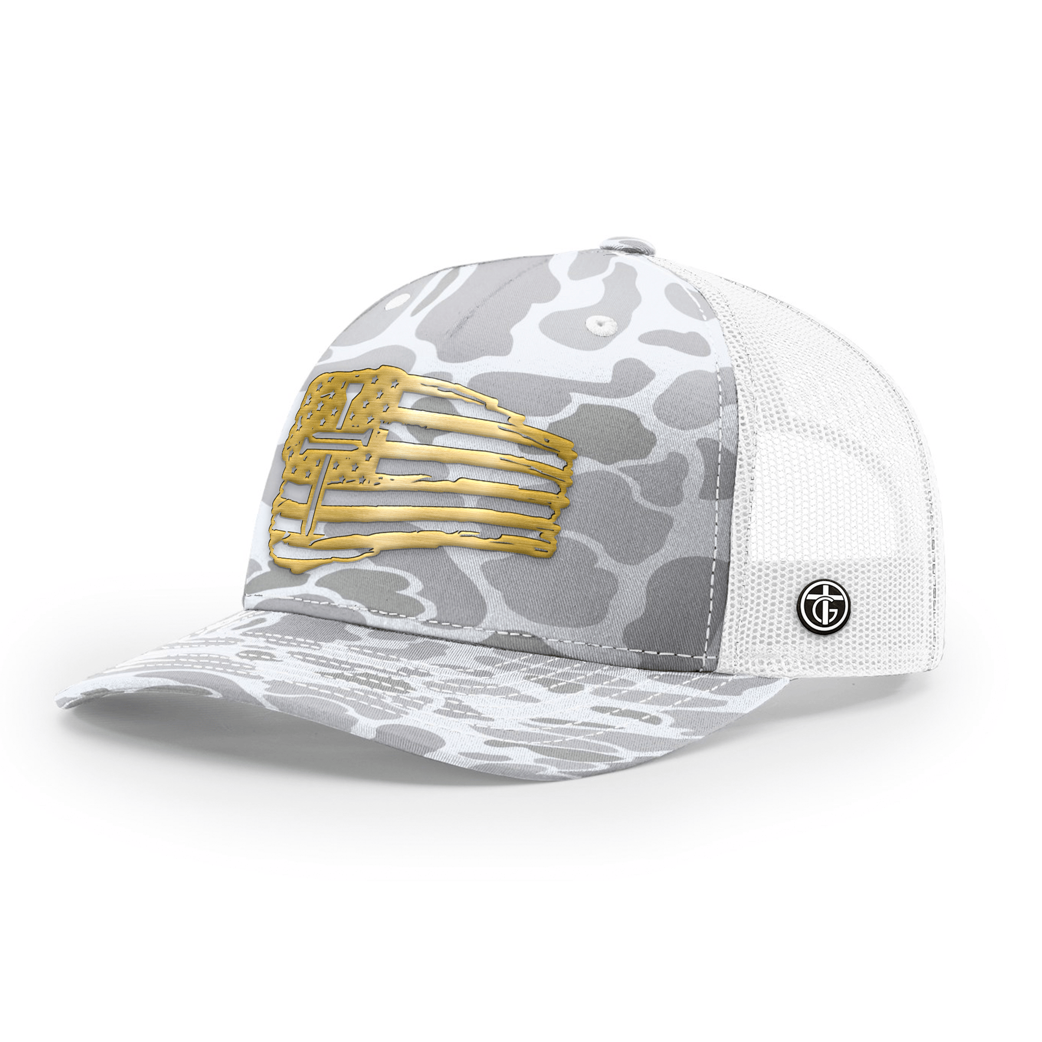 OurTrueGod Customs Hat Snapback / Blizzard Duck Camo and White / One Size Tattered Flag Cross Gold Metal Patch Camo Hats