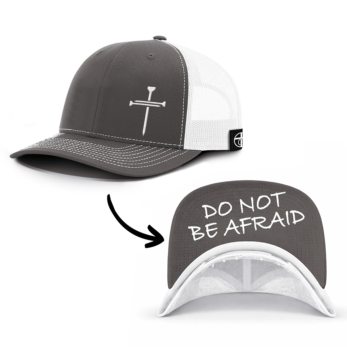 OurTrueGod Customs Hat Snapback / Charcoal and White / One Size 3 Nail Cross - Do Not Be Afraid Prayer Print Hats