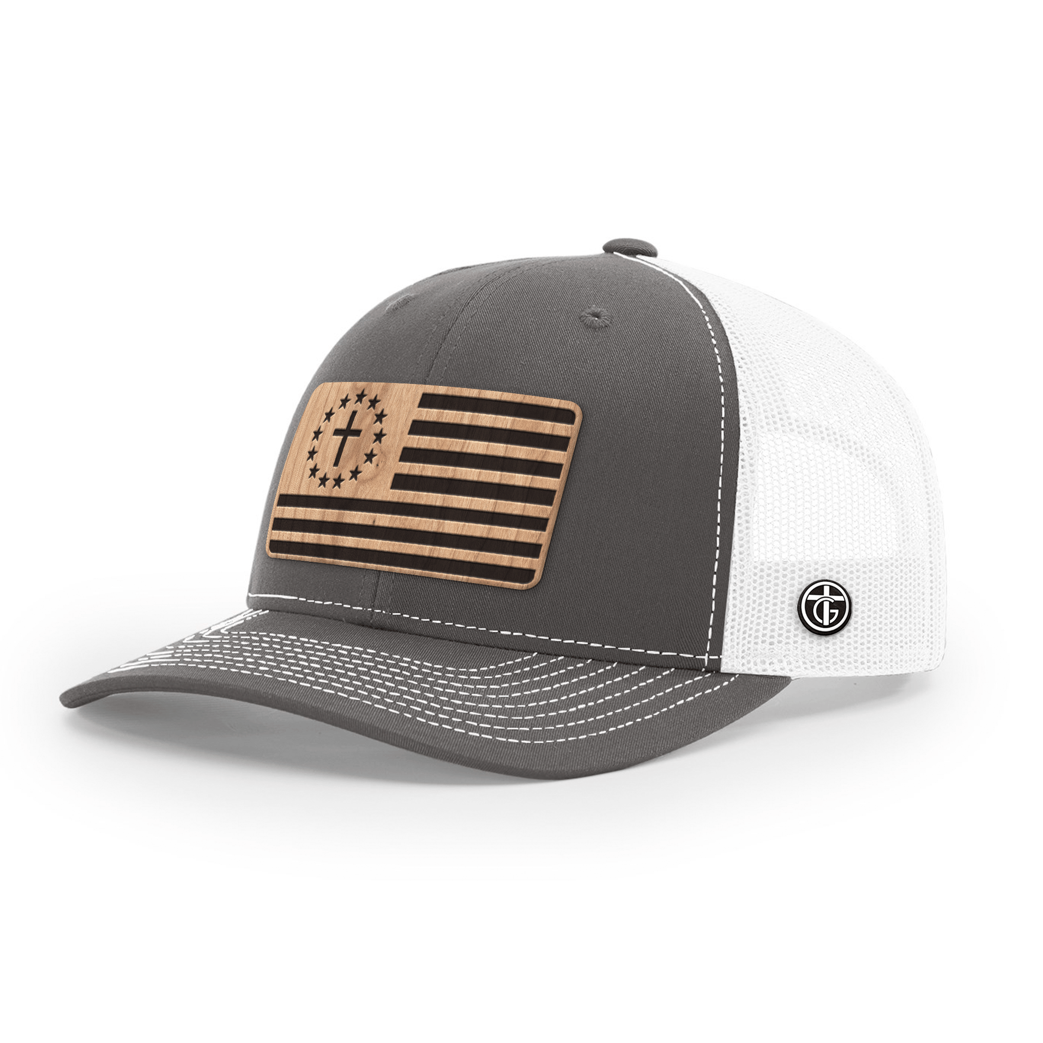 OurTrueGod Customs Hat Snapback / Charcoal and White / One Size Betsy Ross Flag Wood Patch Hats