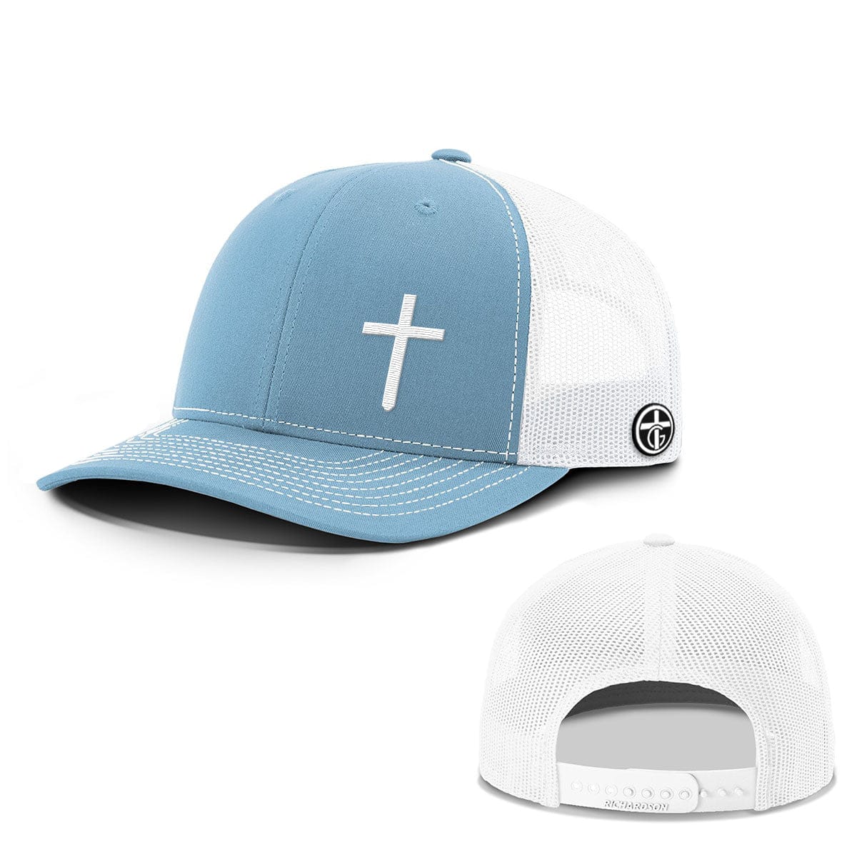 OurTrueGod Customs Hat Snapback / Columbia Blue and White / One Size Cross Lower Left Everyday Faith Hats