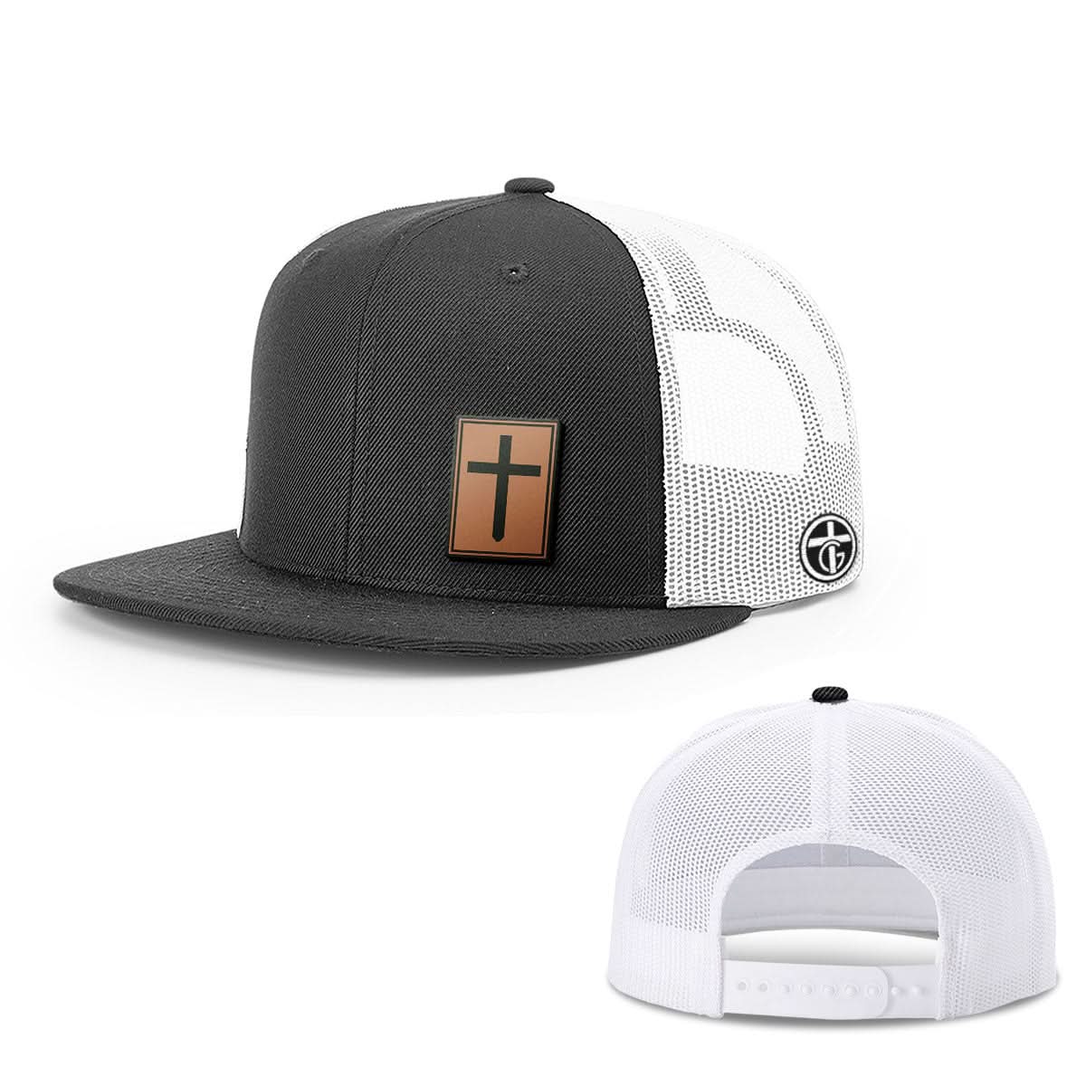 OurTrueGod Customs Hat Snapback Flatbill / Black and White / One Size Cross Leather Patch Hats