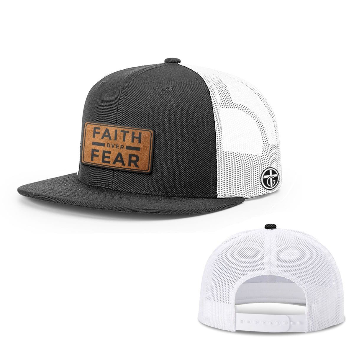 OurTrueGod Customs Hat Snapback Flatbill / Black and White / One Size Faith Over Fear Leather Patch Hats