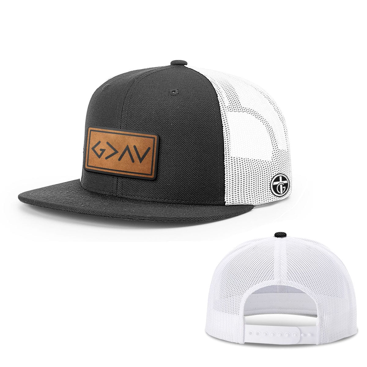 OurTrueGod Customs Hat Snapback Flatbill / Black and White / One Size God is Greater Than High and Lows Leather Patch Hats