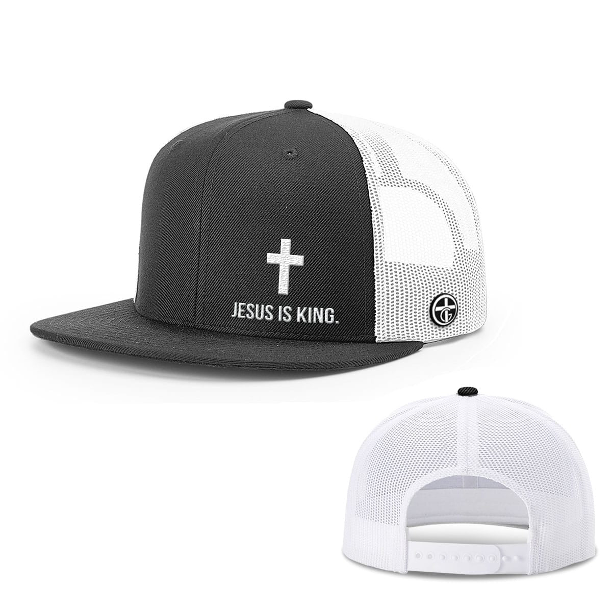 Jesus is King Lower Left Hat, Snapback Flatbill in Black and White