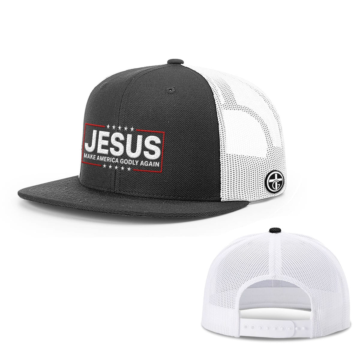 OurTrueGod Customs Hat Snapback Flatbill / Black and White / One Size Jesus Make America Godly Again Hats