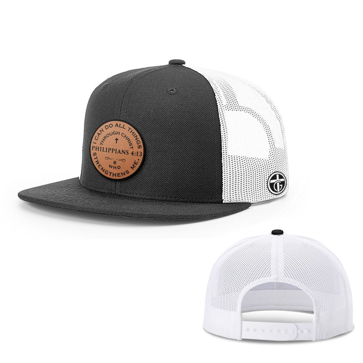 OurTrueGod Customs Hat Snapback Flatbill / Black and White / One Size Philippians 4:13 Leather Patch Hats