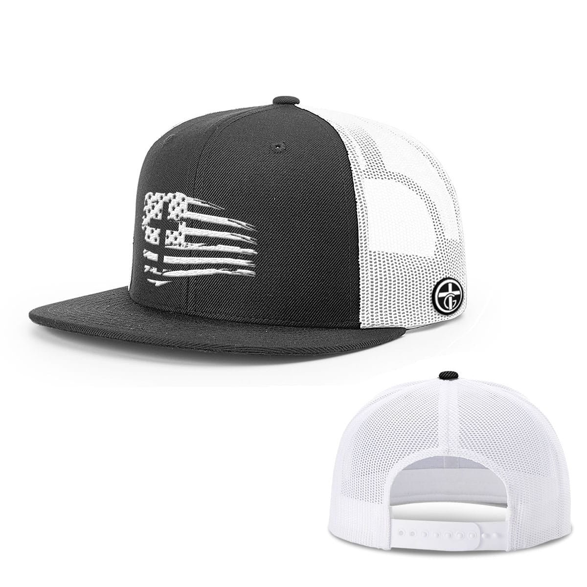 OurTrueGod Customs Hat Snapback Flatbill / Black and White / One Size Tattered Flag Cross Hats