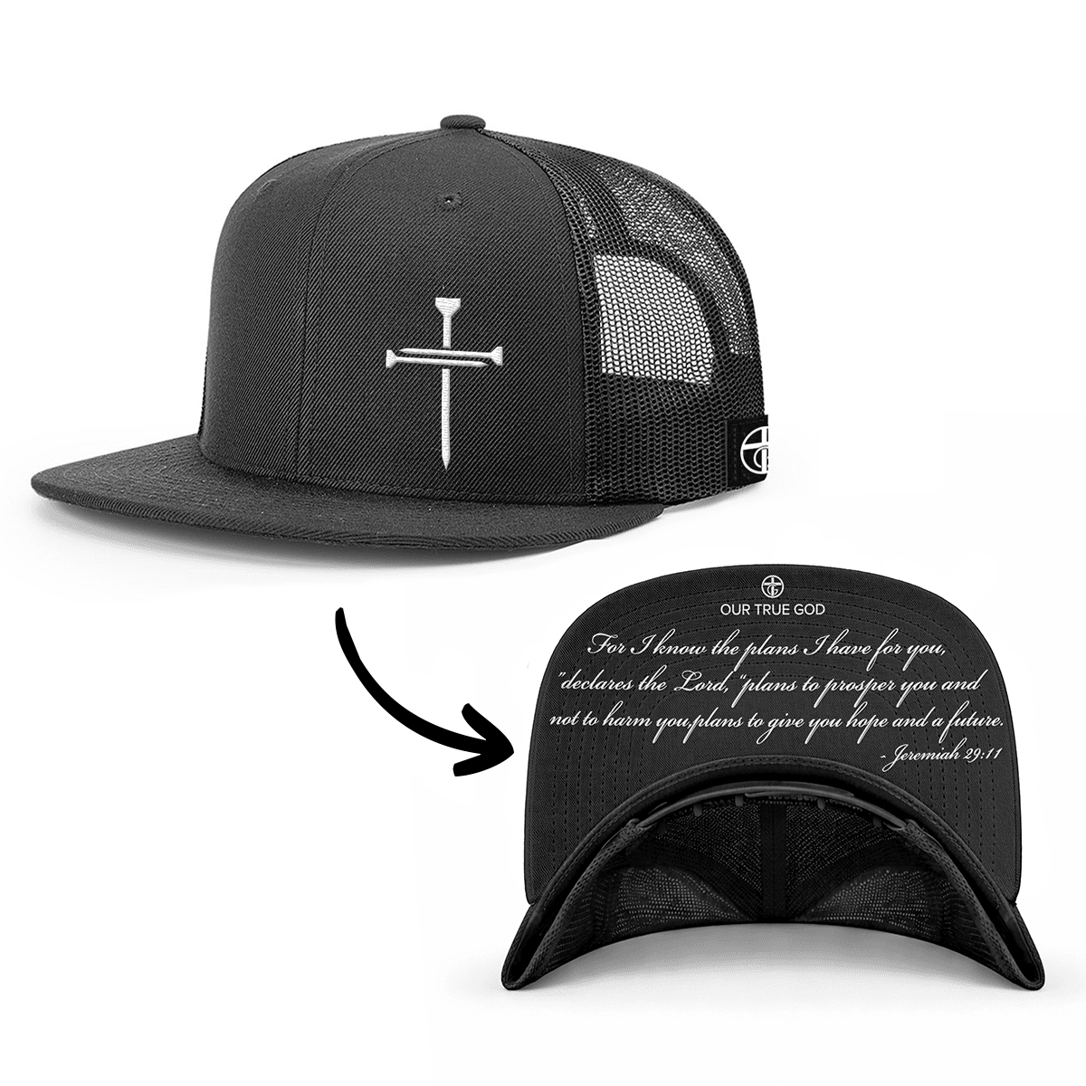 OurTrueGod Customs Hat Snapback Flatbill / Full Black / One Size 3 Nail Cross - Jeremiah 29:11 Prayer Print Hats