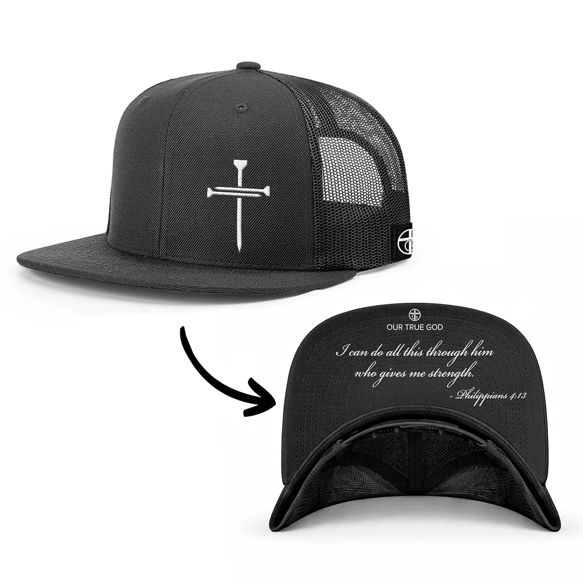OurTrueGod Customs Hat Snapback Flatbill / Full Black / One Size 3 Nail Cross - Philippians 4:13 Prayer Print Hats