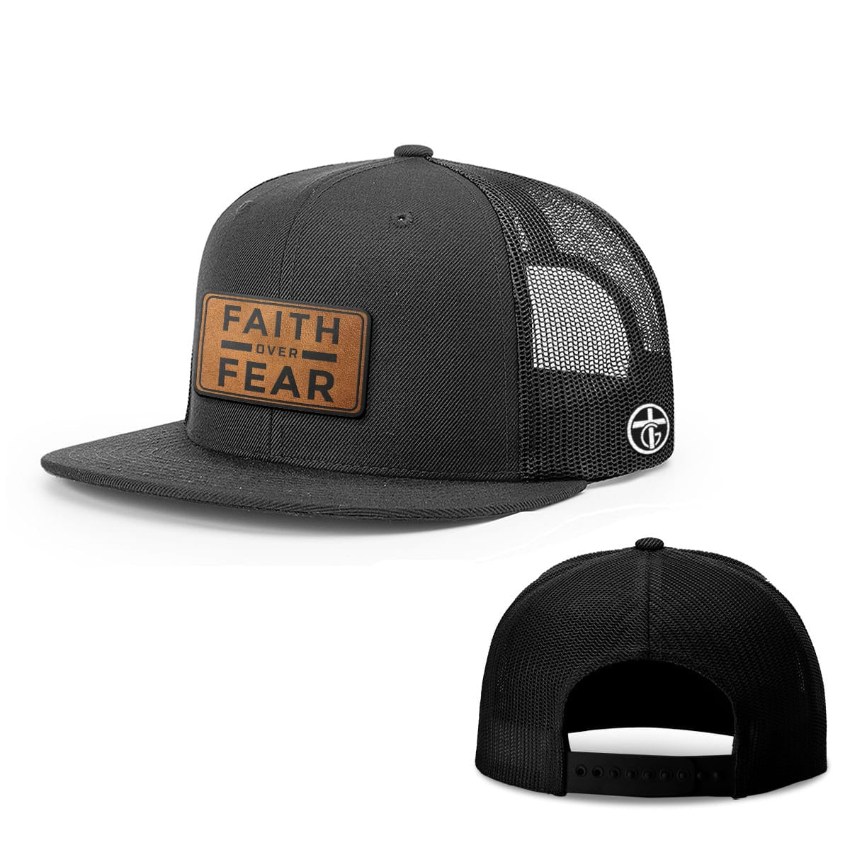 OurTrueGod Customs Hat Snapback Flatbill / Full Black / One Size Faith Over Fear Leather Patch Hats