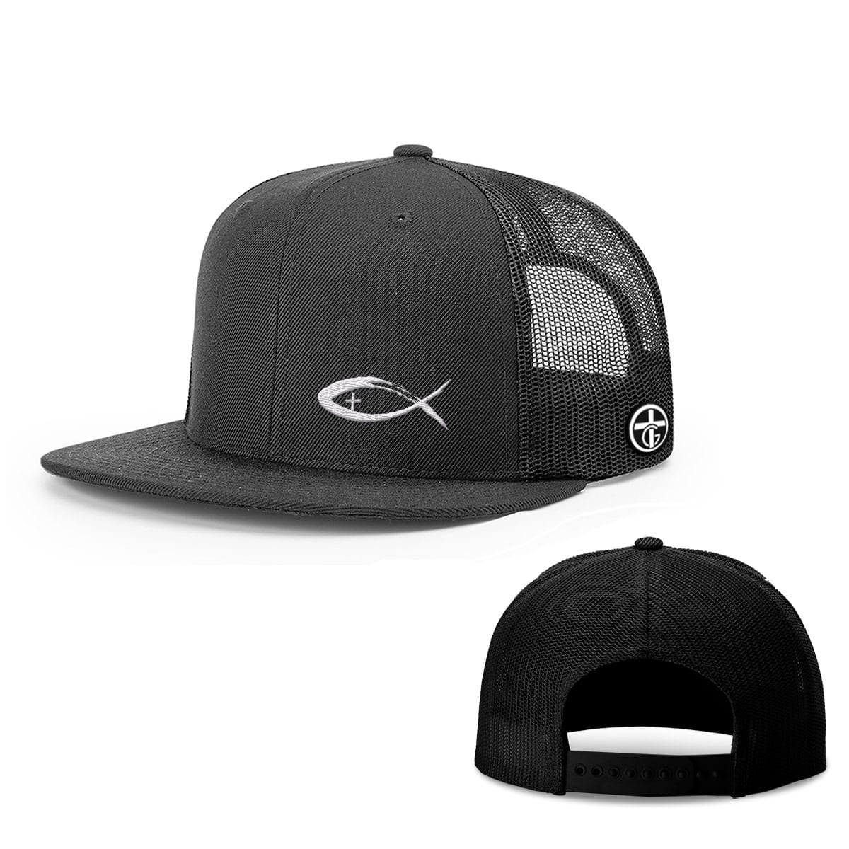 OurTrueGod Customs Hat Snapback Flatbill / Full Black / One Size Jesus Fish V2 Lower Left Hats