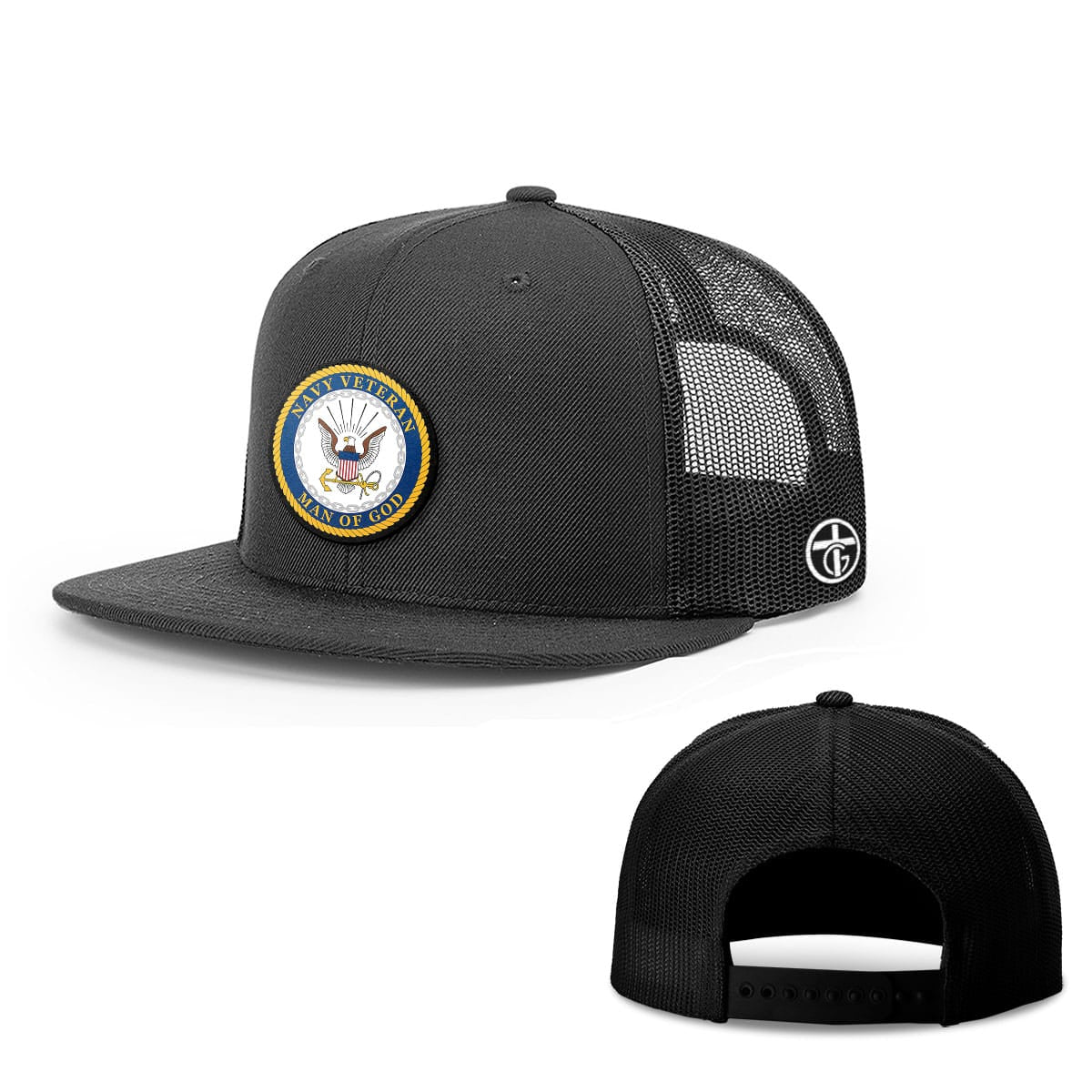OurTrueGod Customs Hat Snapback Flatbill / Full Black / One Size Navy Veteran - Man Of God Patch Hats