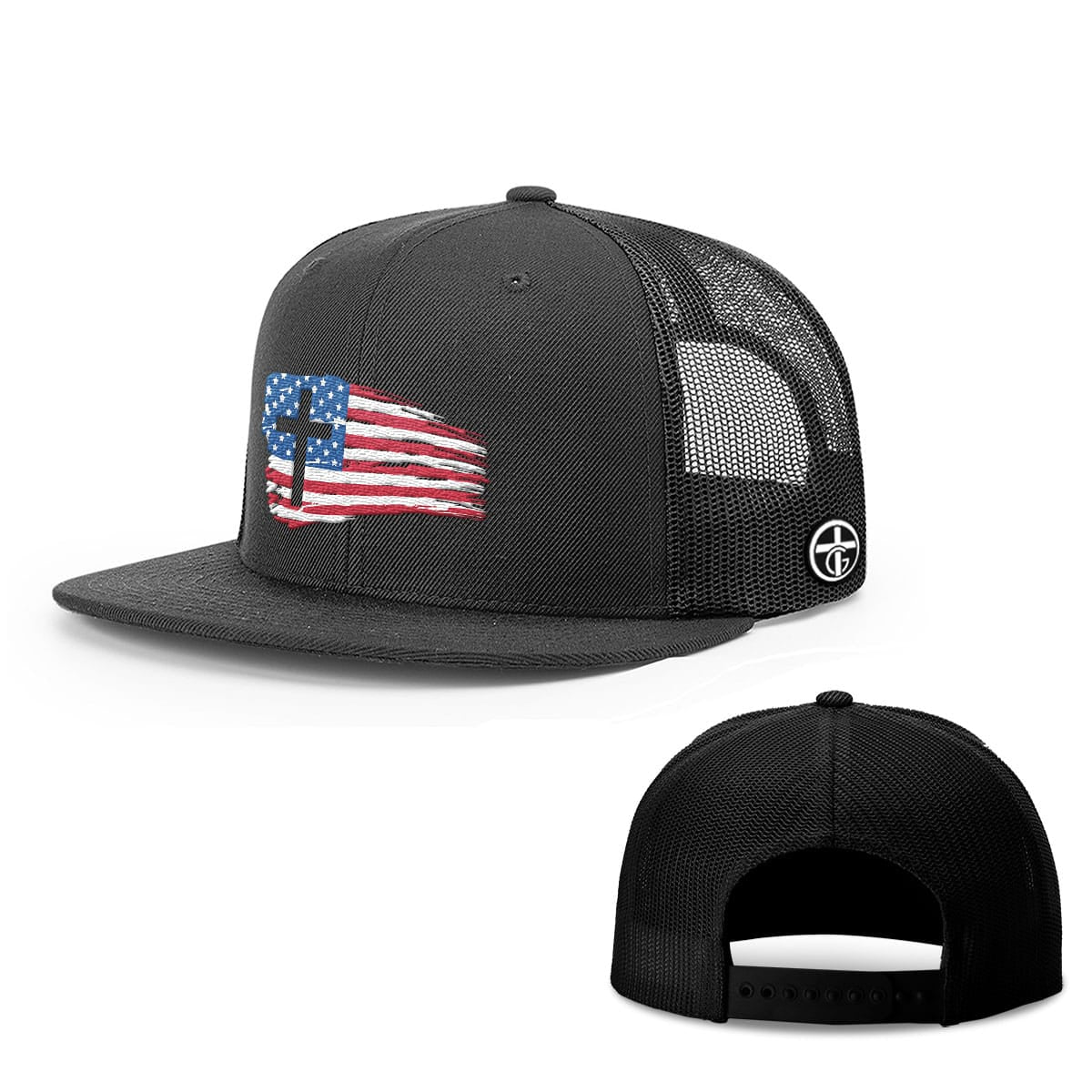OurTrueGod Customs Hat Snapback Flatbill / Full Black / One Size Tattered USA Flag Hats