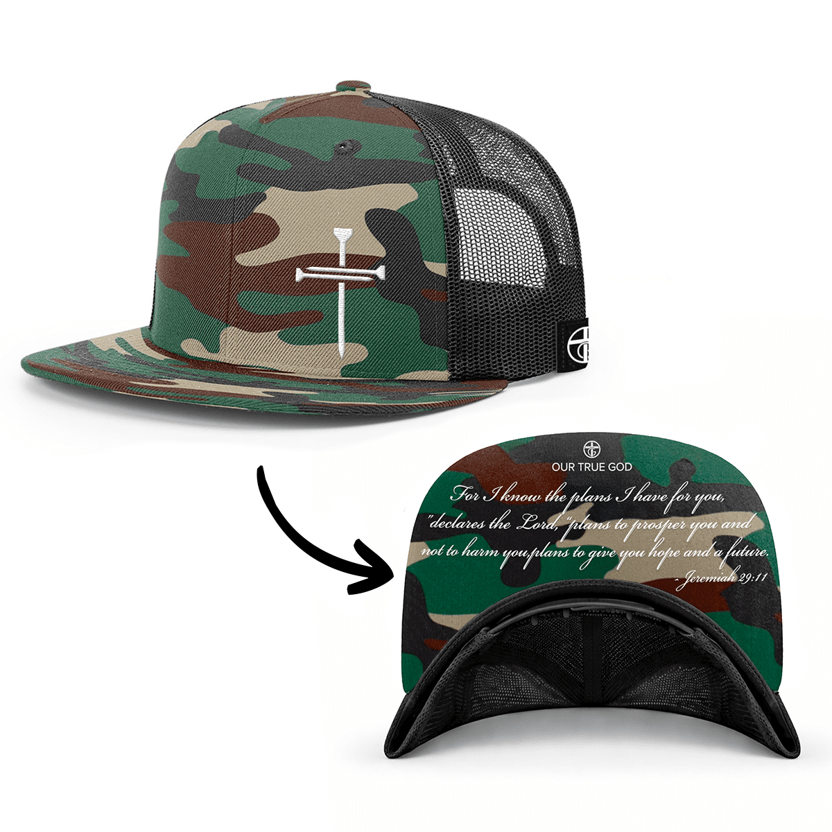 OurTrueGod Customs Hat Snapback Flatbill / Green Camo and Black / One Size 3 Nail Cross - Jeremiah 29:11 Prayer Print Hats