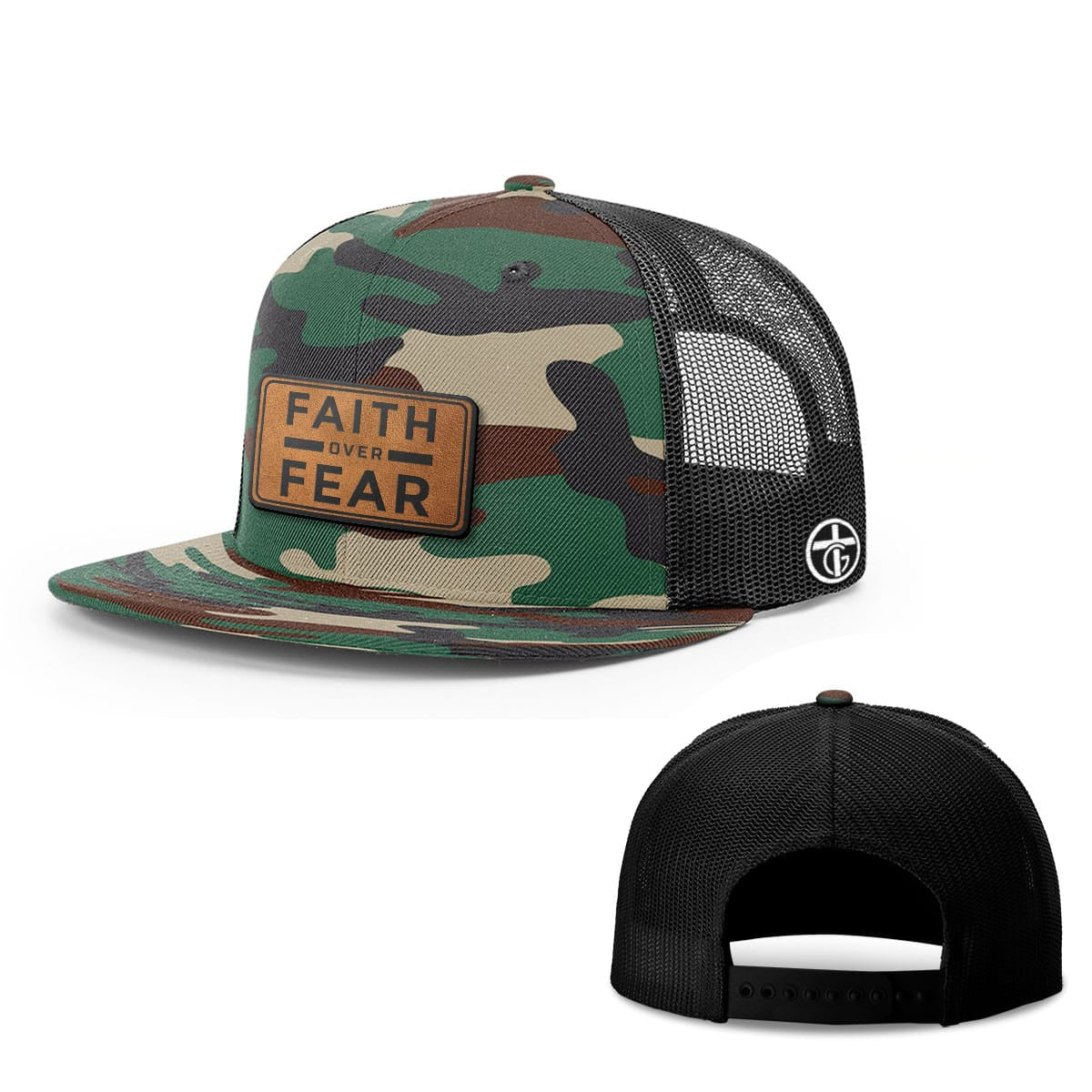 OurTrueGod Customs Hat Snapback Flatbill / Green Camo and Black / One Size Faith Over Fear Leather Patch Hats
